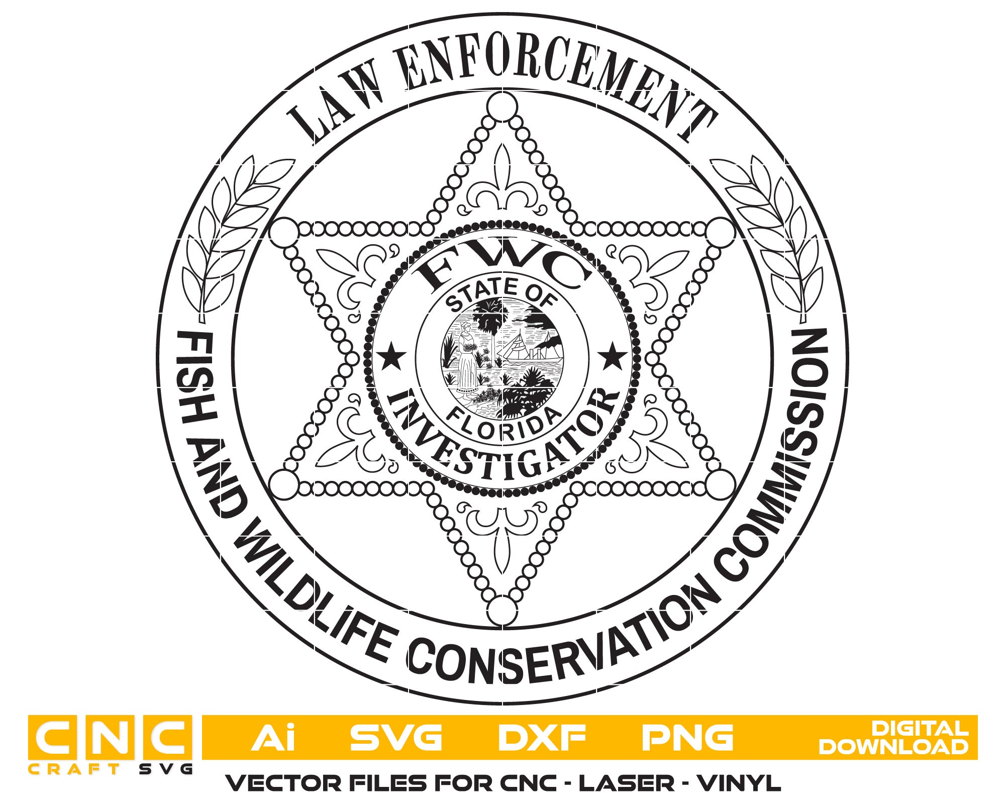 Florida Fish and Wildlife Law Enforcement Investigator Badge Vector Art, Ai,SVG, DXF, PNG, Digital Files