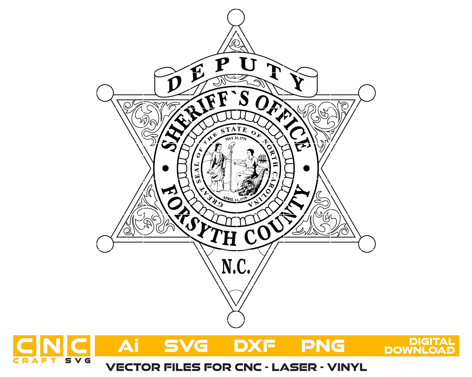 Forsyth County Deputy Sheriff’s Office Badge SVG, North Carolina Sheriff Badge Vector, Forsyth County Law Enforcement SVG, NC Sheriff Emblem, Deputy Badge Design