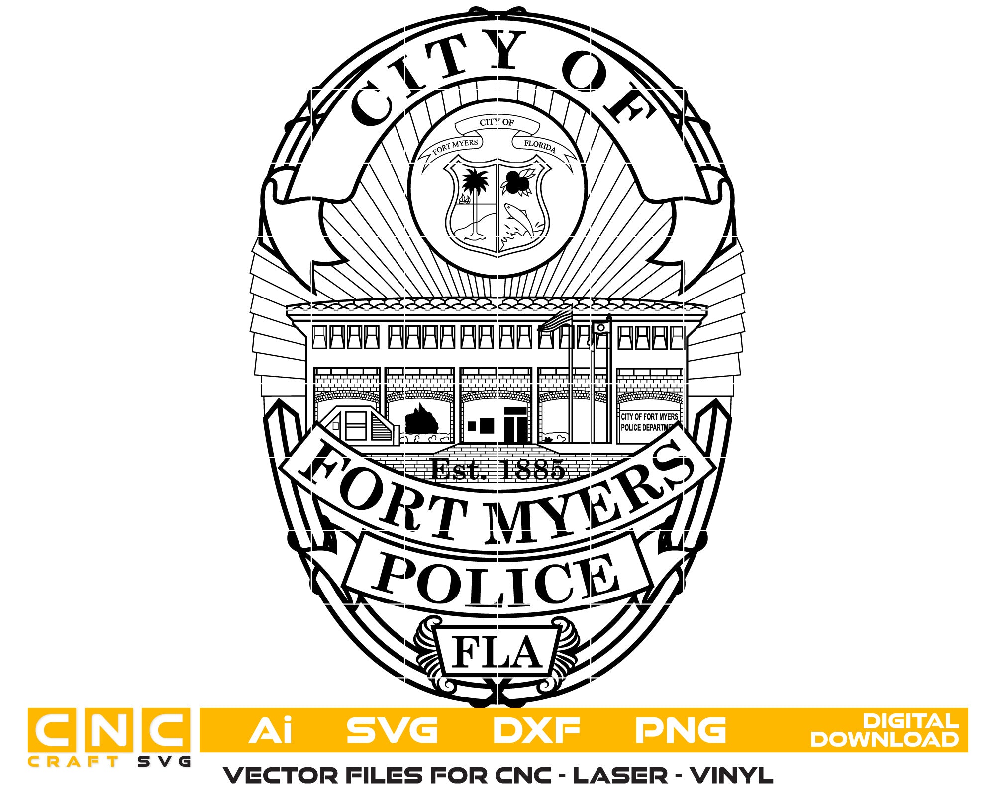 Fort Myers Police Badge Vector Art, Ai,SVG, DXF, PNG, Digital Files
