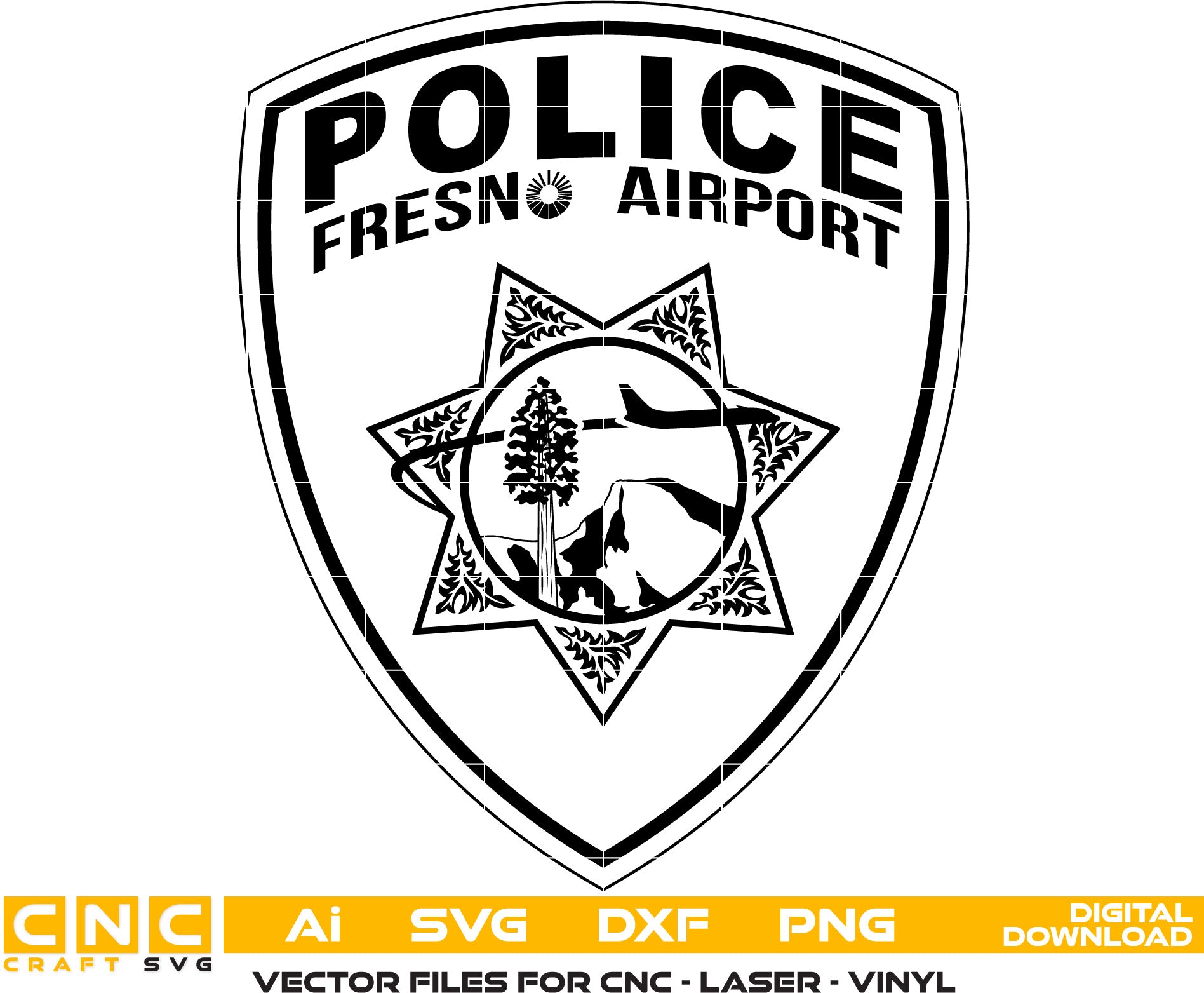 Fresno Airport Police Badge, Police Badge Vector art Svg, Dxf, Jpg, Png, and Ai files For laser engraving, woodworking, acrylic painting, and all printing machines.