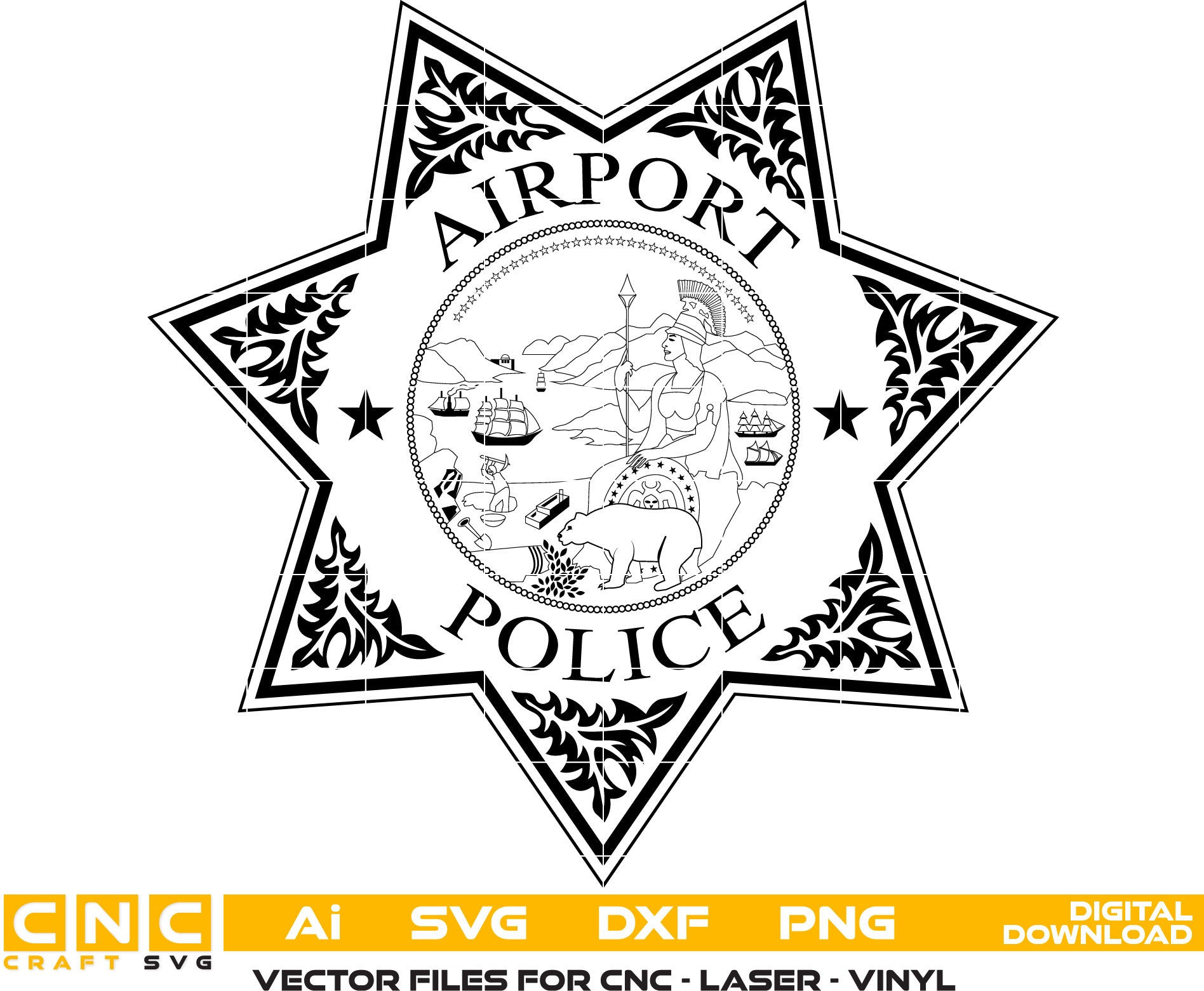 Fresno Airport Police Badge Svg, Dxf, Jpg, Png, and Ai files For laser engraving, woodworking, acrylic painting, and all printing machines.