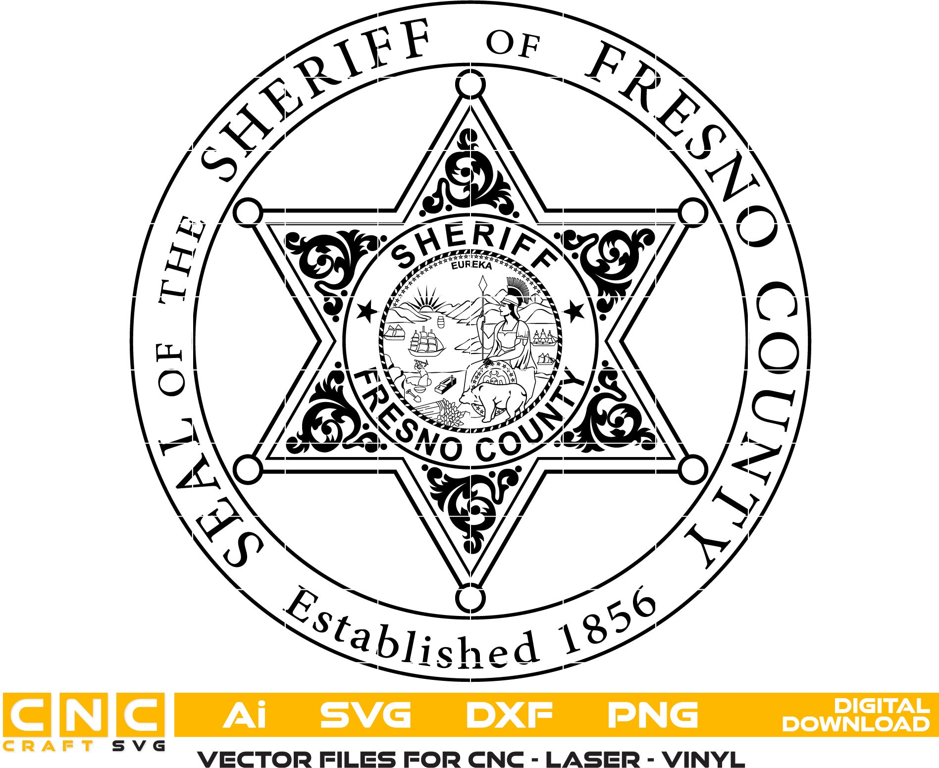 Fresno County Sheriff Badge Vector art Svg, Dxf, Jpg, Png, and Ai files For laser engraving, woodworking, acrylic painting, and all printing machines.