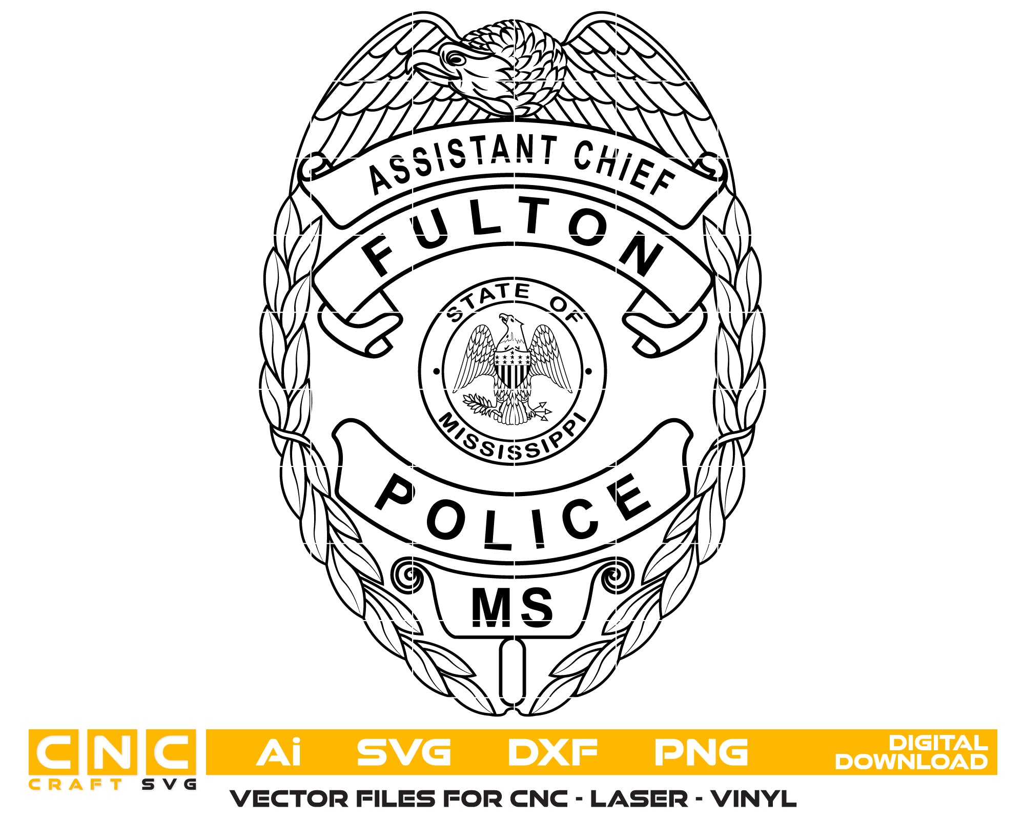 Fulton Police Assistant Chief Badge SVG, Mississippi Police Badge Vector, Fulton Police Department Badge, Law Enforcement Badge SVG, Police Assistant Chief Badge Vector