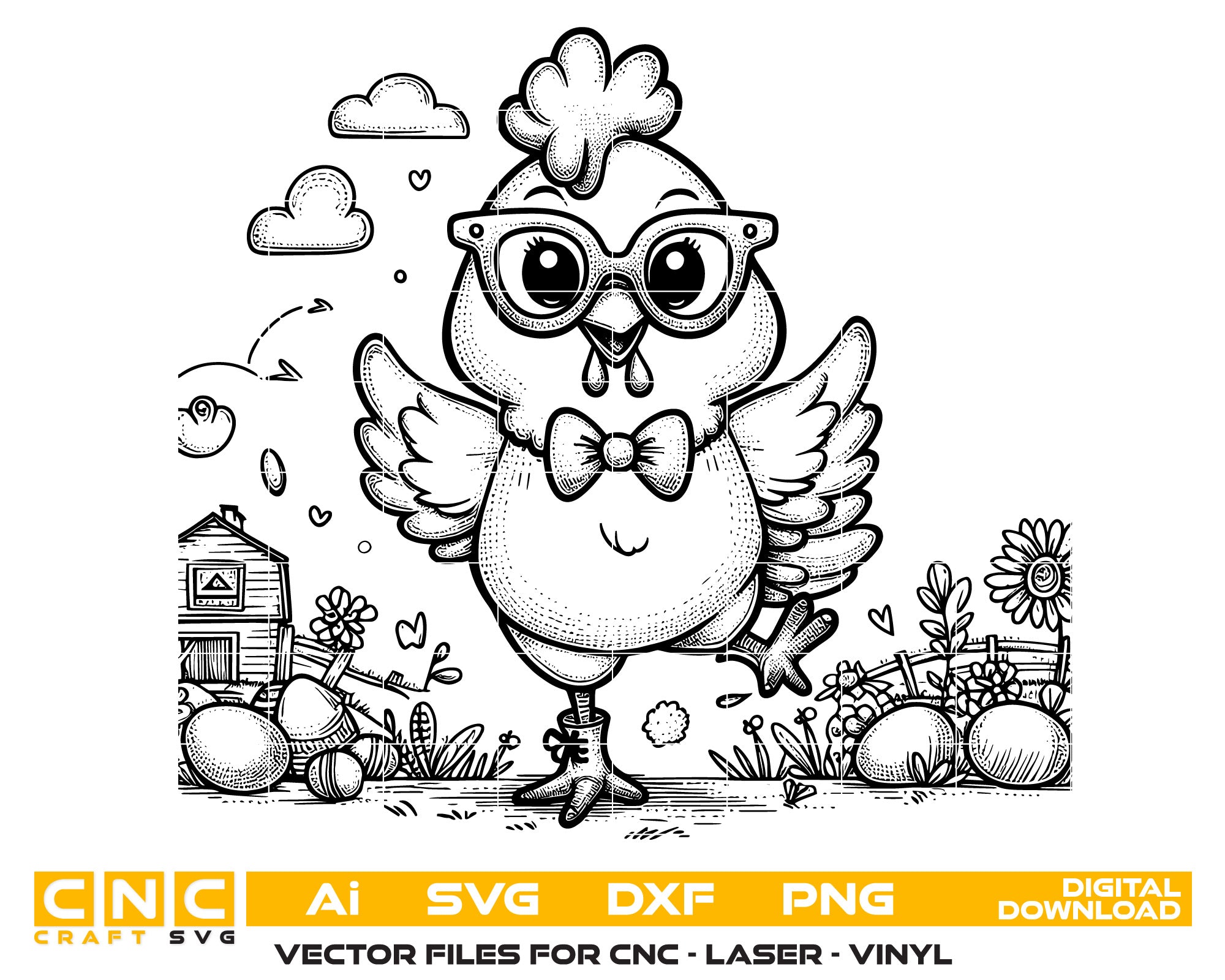 Funny Chicken Line Art Vector – Farm Animal Digital Design
