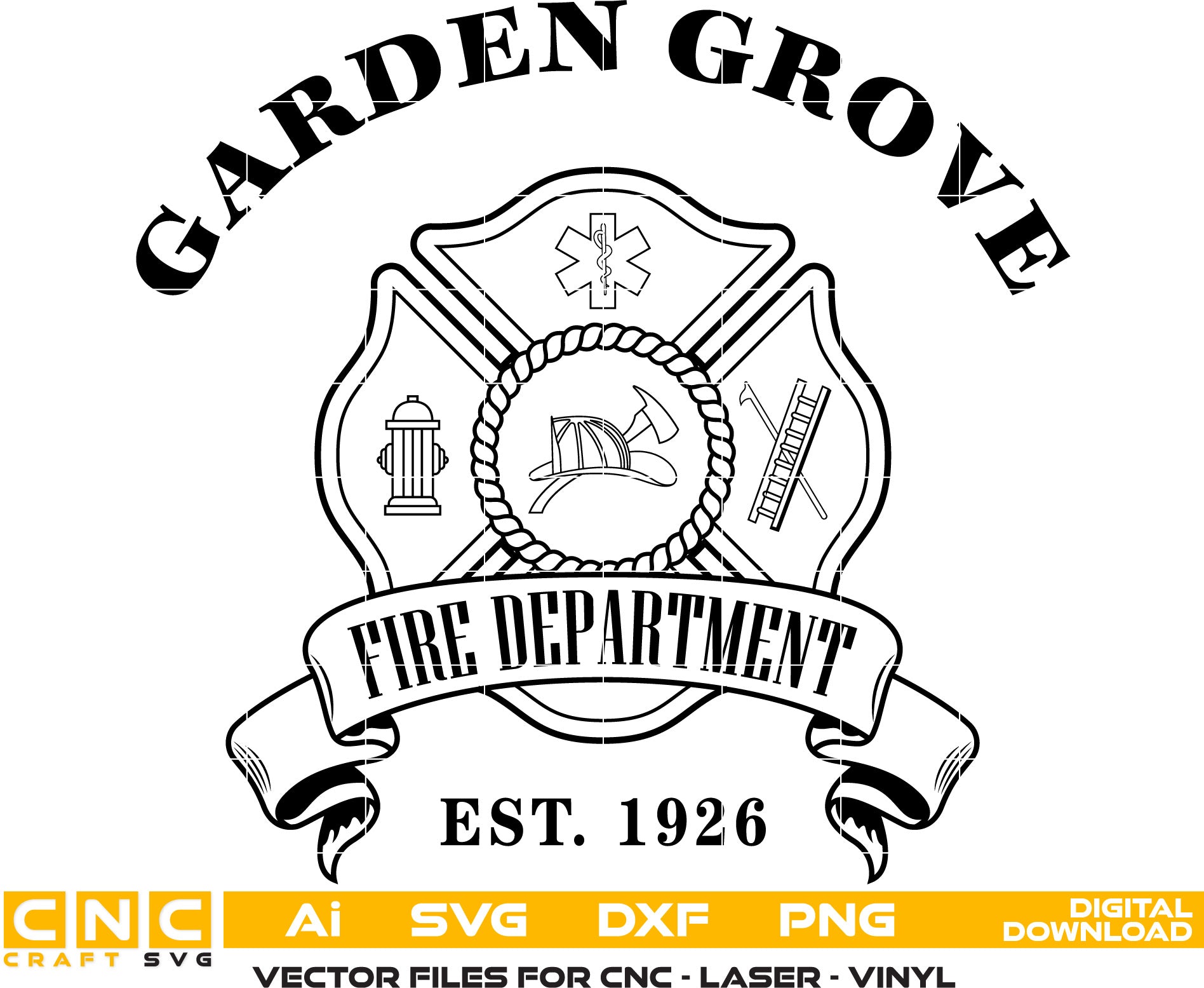 Garden Grove Fire Dept. Badge Vector art Svg, Dxf, Jpg, Png and Ai files For laser engraving, woodworking, acrylic painting, and all printing machines.