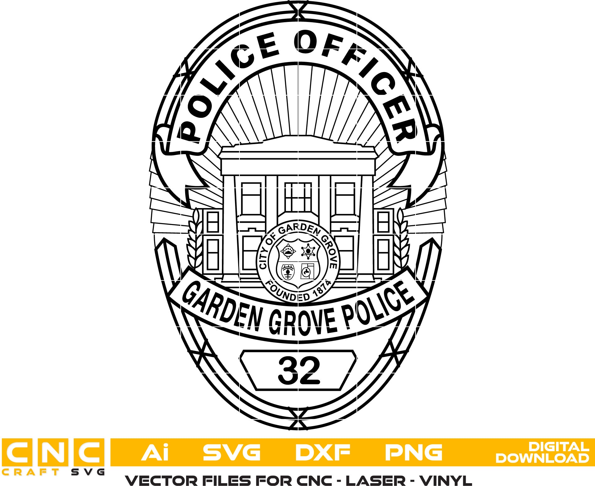 Garden Grove Police Officer Badge Vector art Svg, Dxf, Jpg, Png and Ai files For laser engraving, woodworking, acrylic painting, and all printing machines.