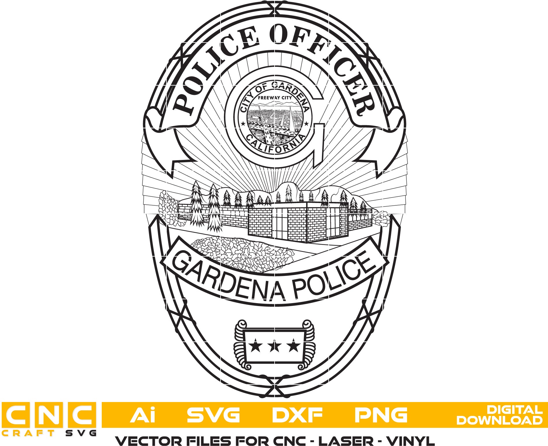 Gardena Police Officer Badge Vector Art, Ai,SVG, DXF, PNG, Digital Files for Laser Engraving, Woodworking & Printing