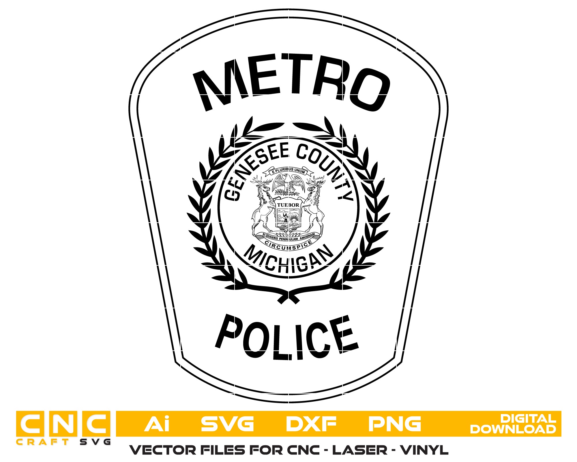 Genesee County Metro Police Patch SVG

Michigan Law Enforcement Vector Design

Police Shield Patch Engraving File

Genesee County MI Police Sign CNC File

Michigan State Outline Vector for Lasers