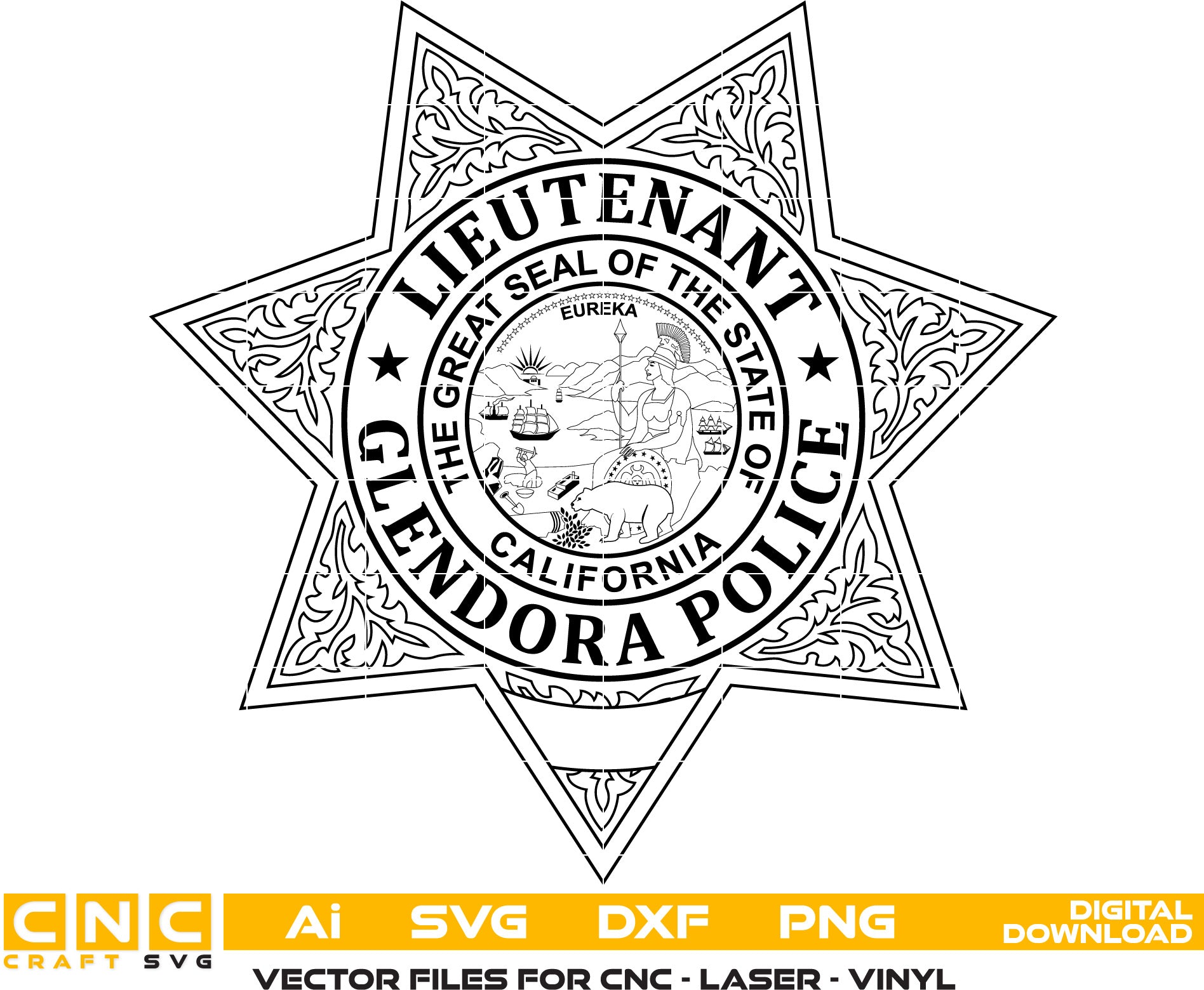 Glendore Police Lieutenant Badge Vector art Svg, Dxf, Jpg, Png, and Ai files For laser engraving, woodworking, acrylic painting, and all printing machines.