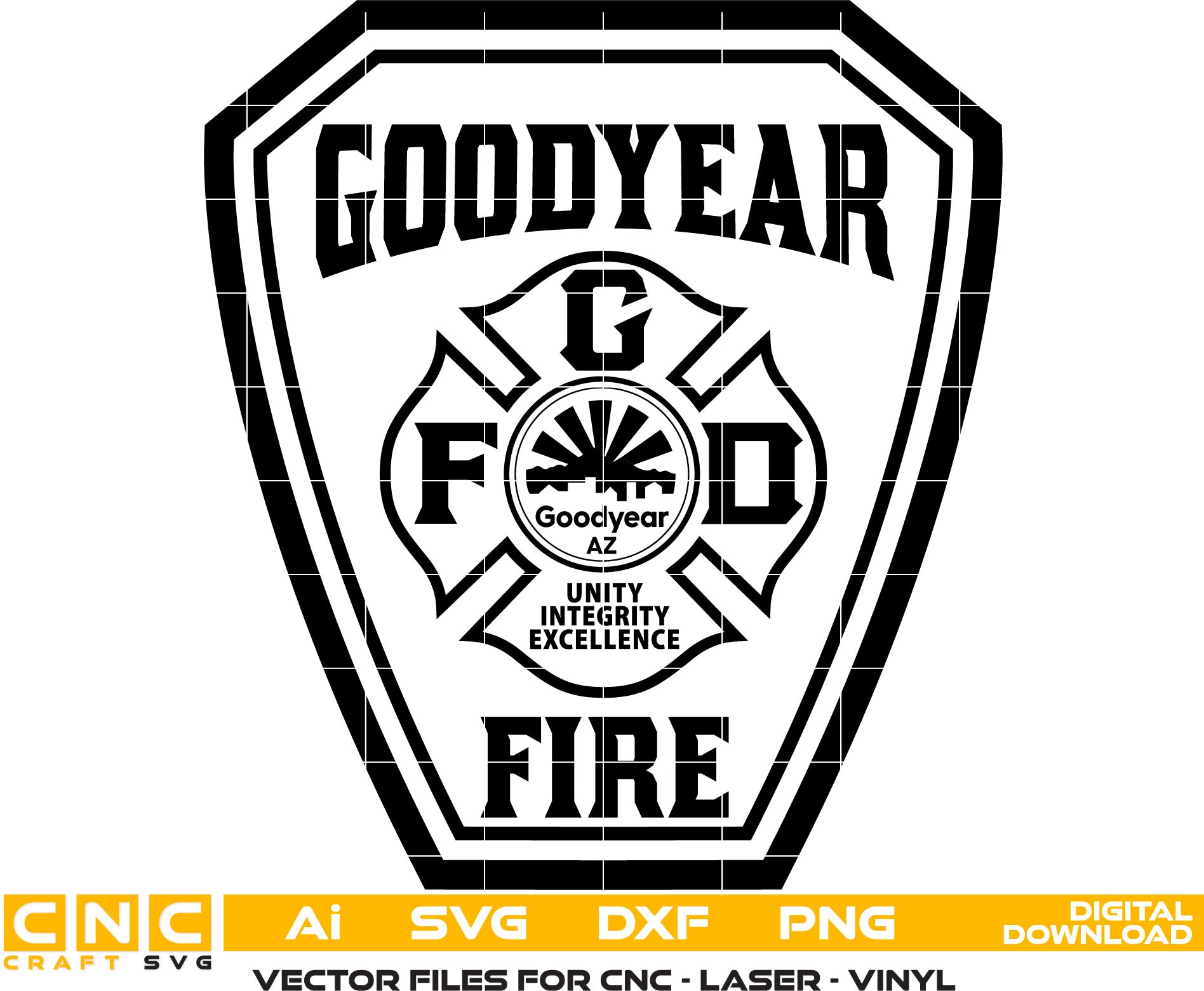 Goodyear Fire Dept. Badge Vector art Svg, Dxf, Jpg, Png and Ai files For laser engraving, woodworking, acrylic painting, and all printing machines.