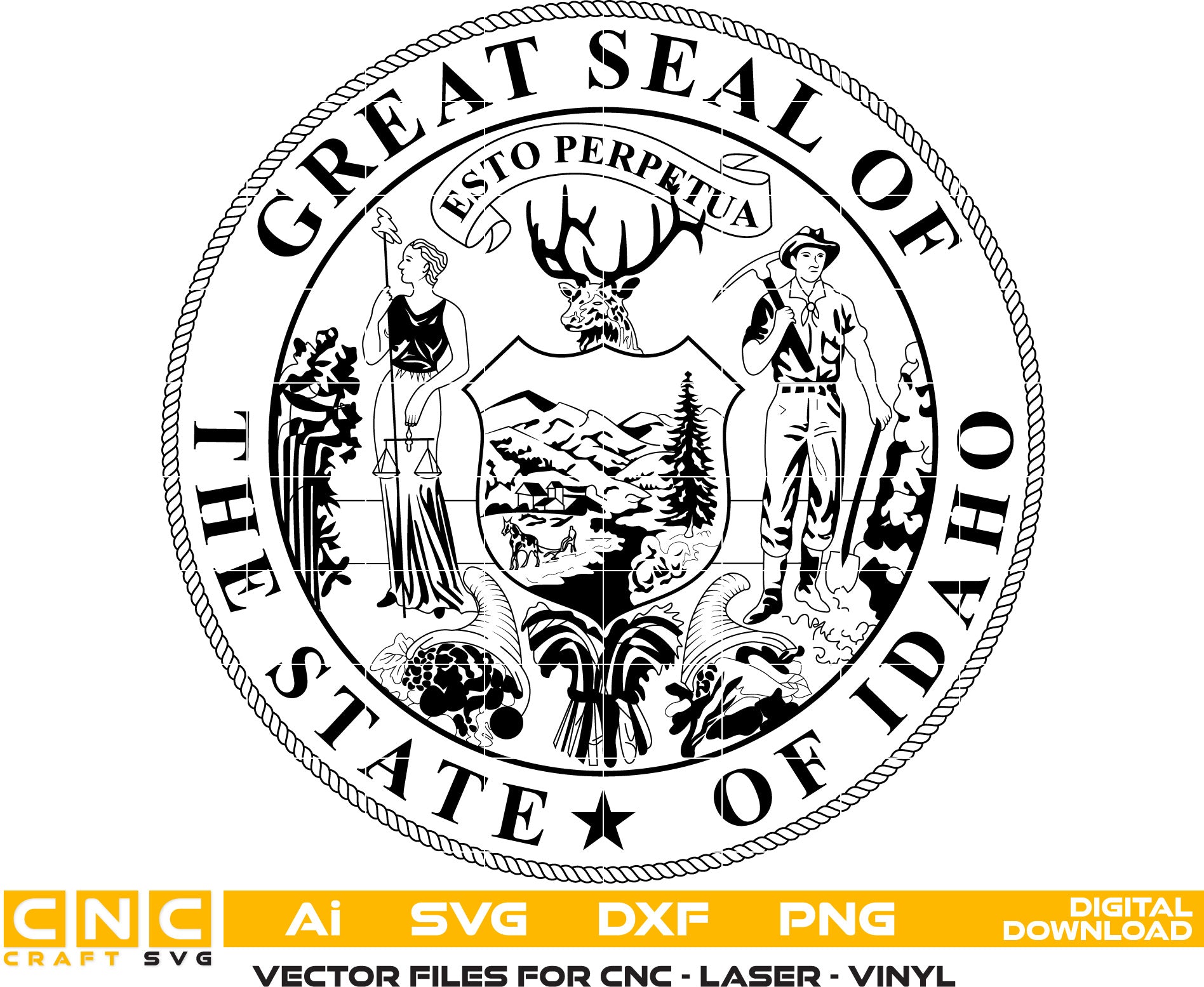 Great Seal of the State of Idaho Vector art Svg, Dxf, Jpg, Png and Ai files For laser engraving, woodworking, acrylic painting, and all printing machines.