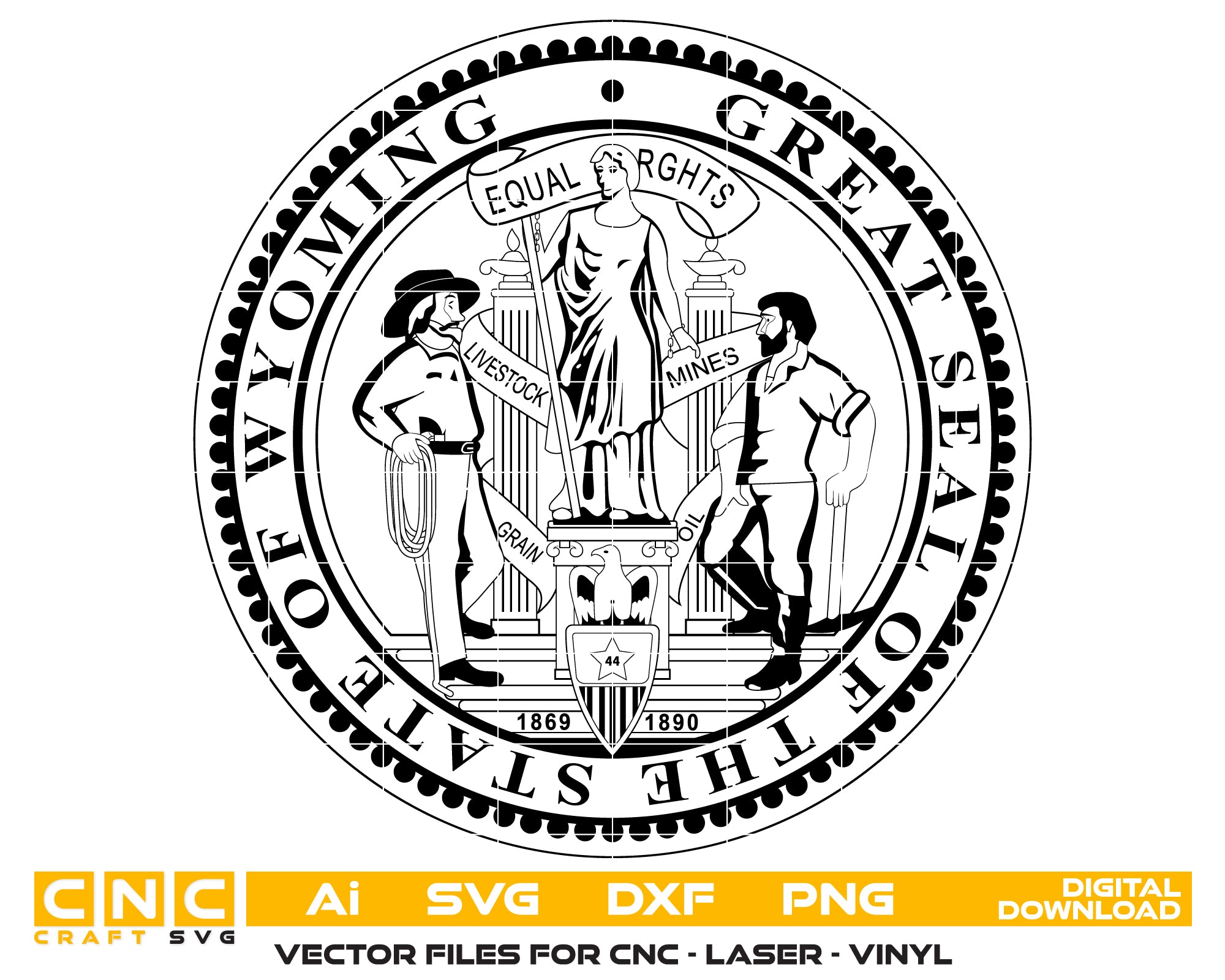 Great Seal of the State of Wyoming SVG digital download, Wyoming state emblem vector for Cricut, Silhouette, CNC, engraving, and educational or decorative crafts.