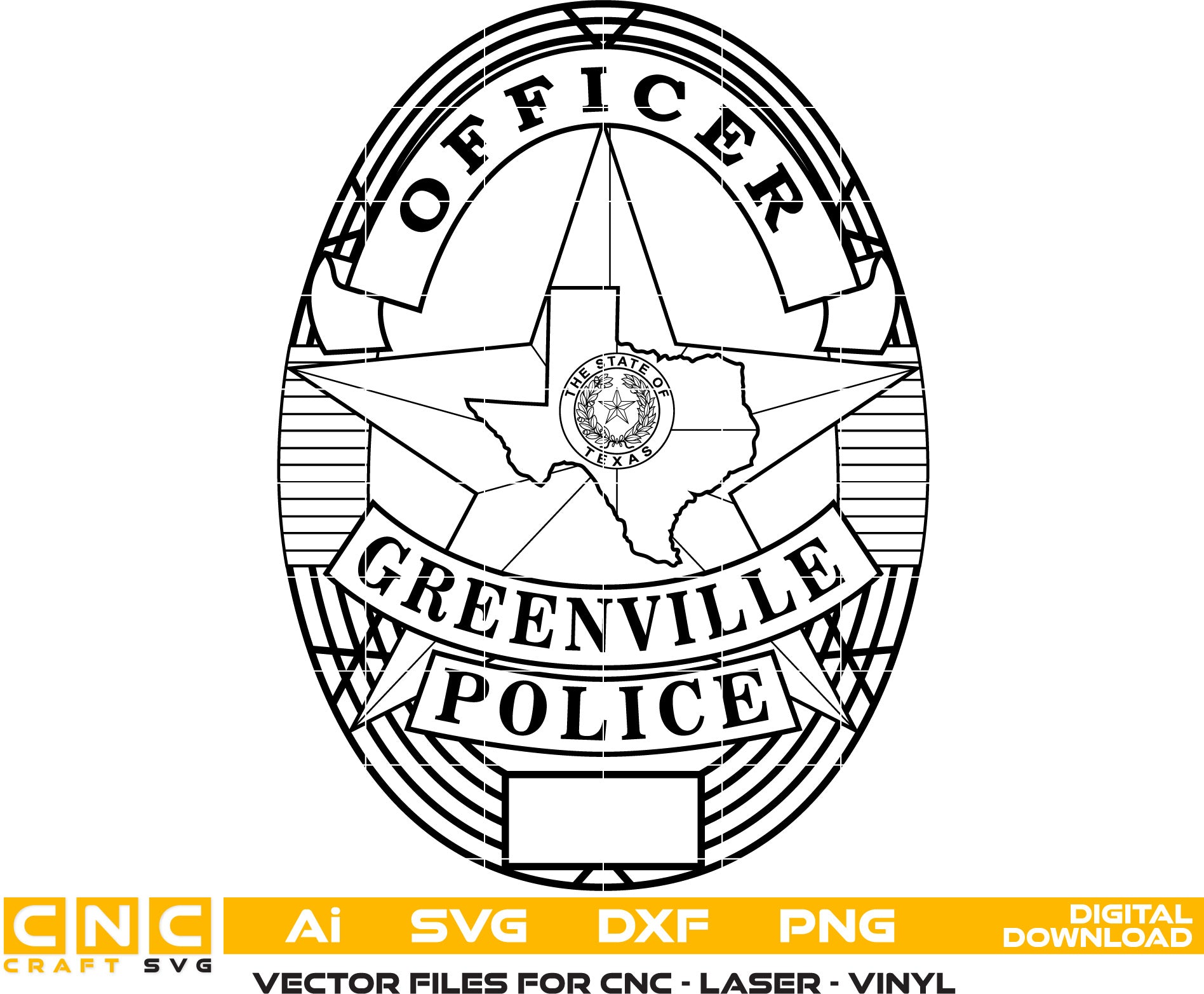 Greenville Police Officer Badge, Texas Police Badge Vector art Svg, Dxf, Jpg, Png and Ai files For laser engraving, woodworking, acrylic painting, and all printing machines.