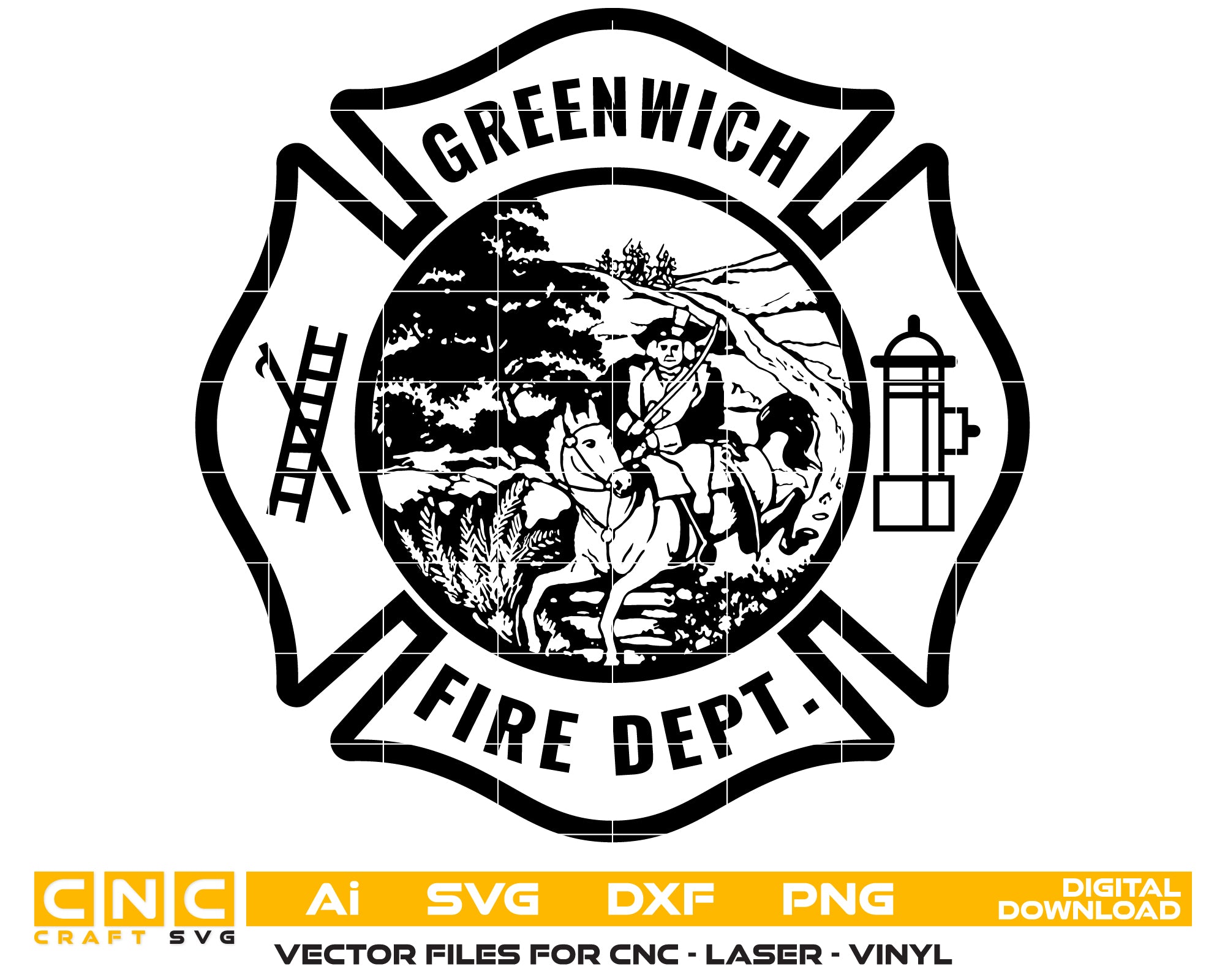 Greenwich Fire Department Badge SVG, Connecticut Firefighter Badge Vector, Greenwich Firefighter Emblem, Fire Department Badge SVG, Firefighter Badge Design