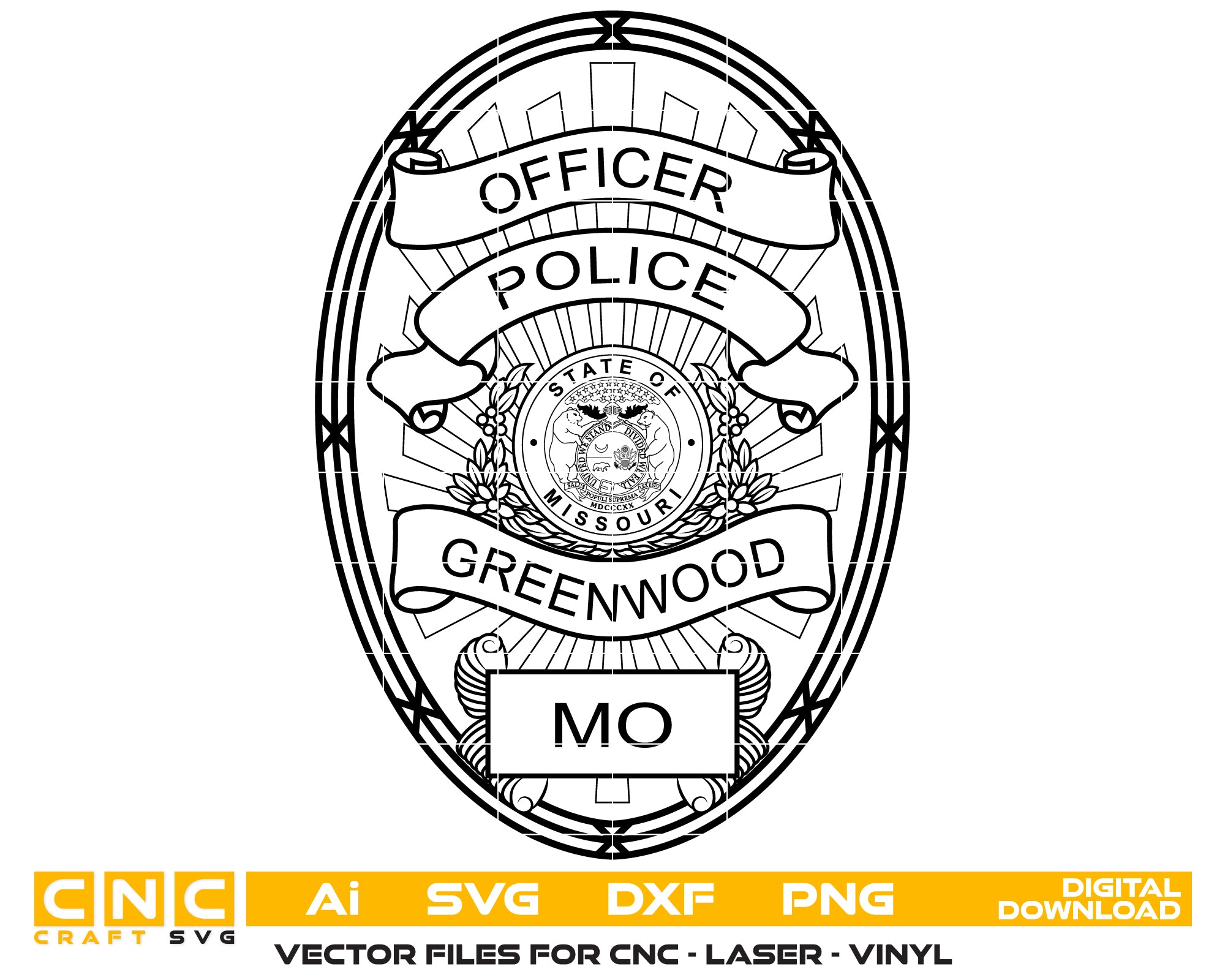 Greenwood Police Officer Badge SVG, Missouri Police Badge Vector, Greenwood Police Department Badge, Law Enforcement Badge SVG, Missouri Police Officer Badge Vector
