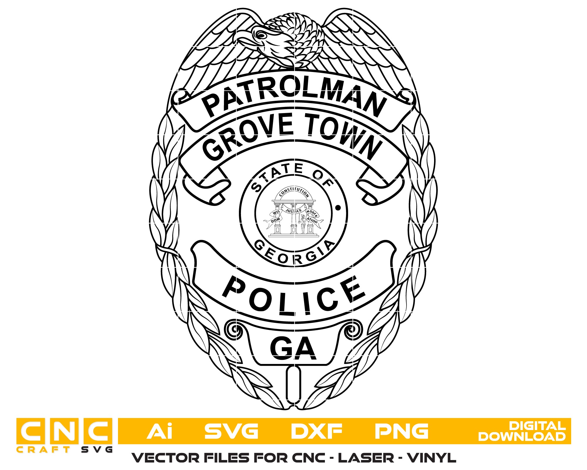 Grovetown Police Patrolman Badge SVG, Georgia Police Badge Vector, Grovetown Police Patrolman Badge, Law Enforcement Badge SVG, Georgia Police Officer Badge Vector
