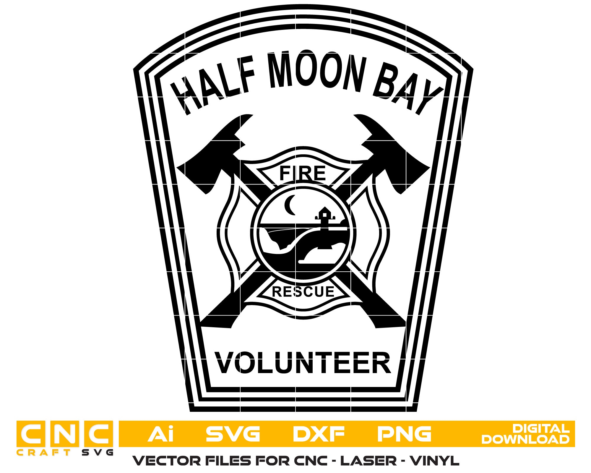 Half Moon Bay Fire Dept. Badge Vector art Svg, Dxf, Jpg, Png, and Ai files For laser engraving, woodworking, acrylic painting, and all printing machines.