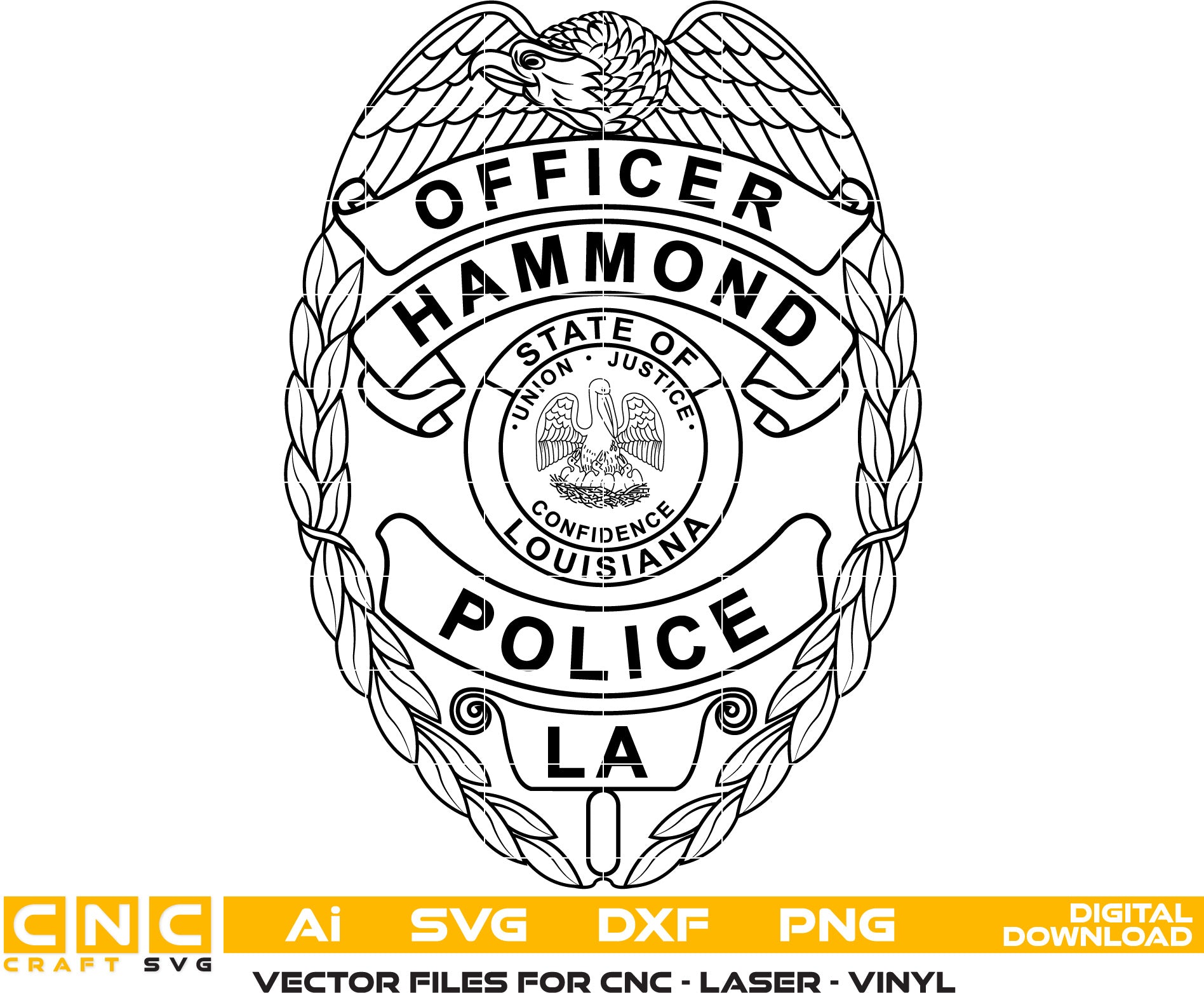 Hammond Police Officer Badge, Louisiana Police Badge Vector art Svg, Dxf, Jpg, Png, and Ai files For laser engraving, woodworking, acrylic painting, and all printing machines.