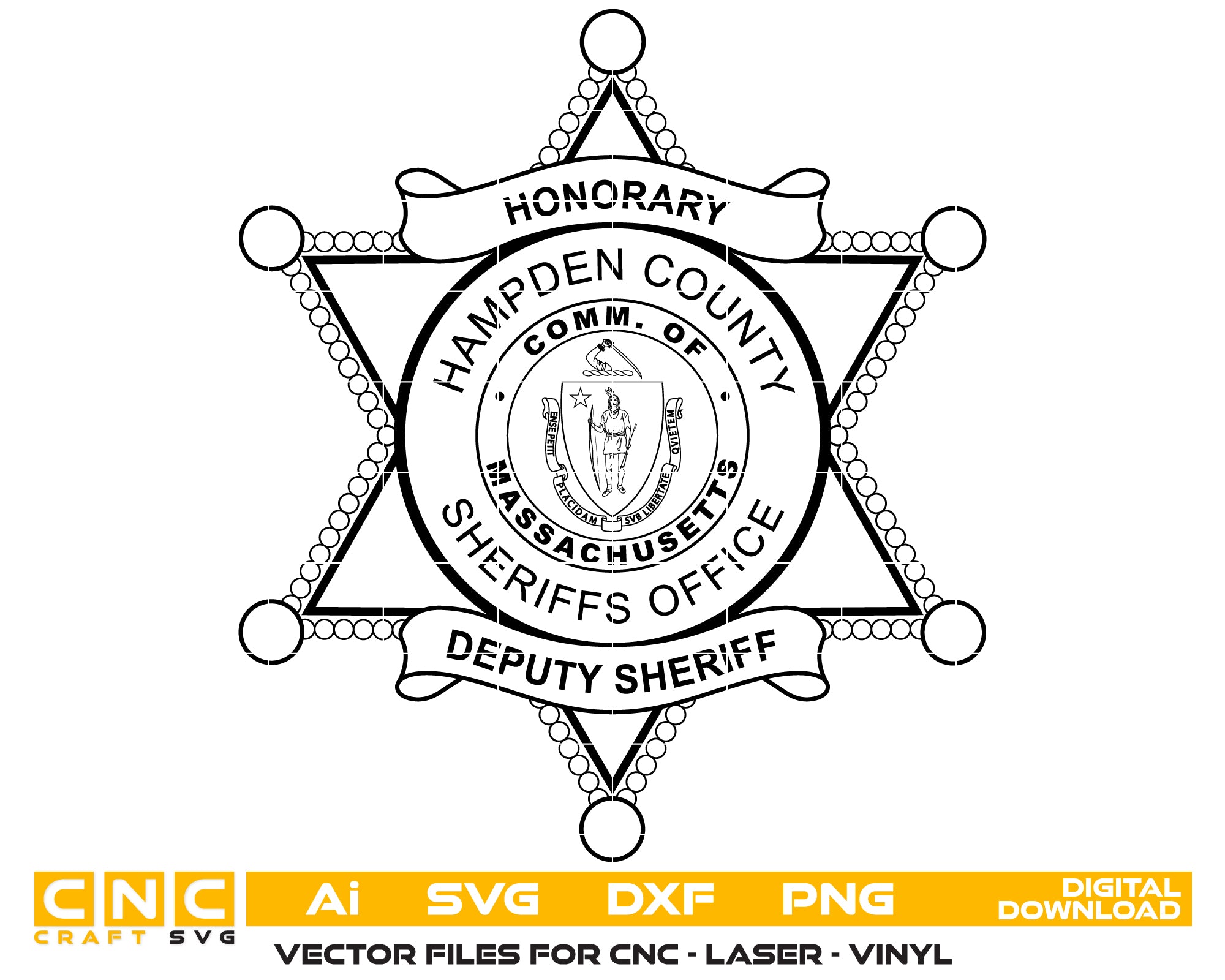 Hampden County Deputy Sheriff’s Office Badge SVG digital download, Massachusetts deputy sheriff emblem vector design for Cricut, Silhouette, CNC, engraving, and law enforcement crafts.