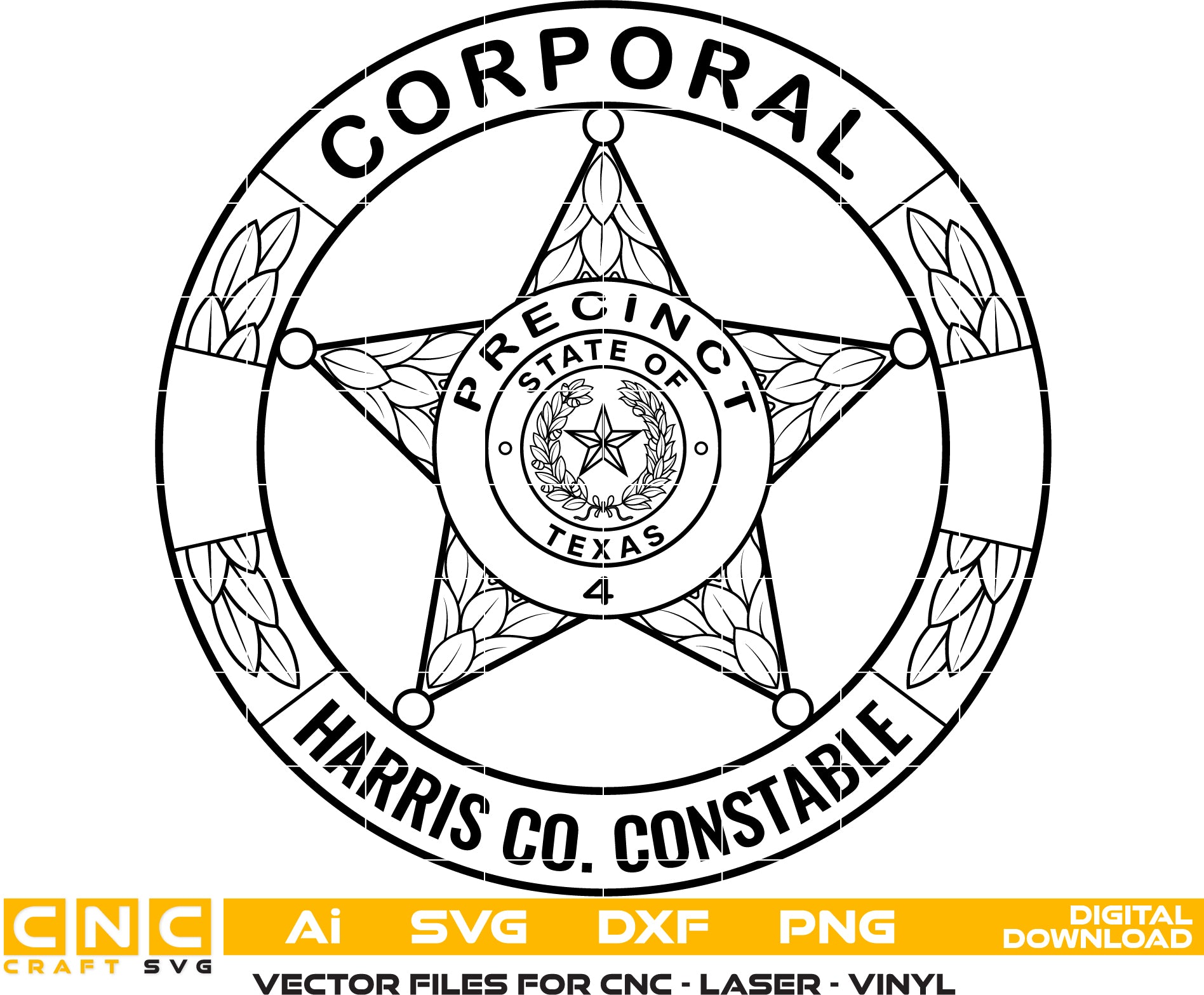 Harris County Texas Corporal Badge SVG, DXF, Png - Laser Engraving & Woodworking Files