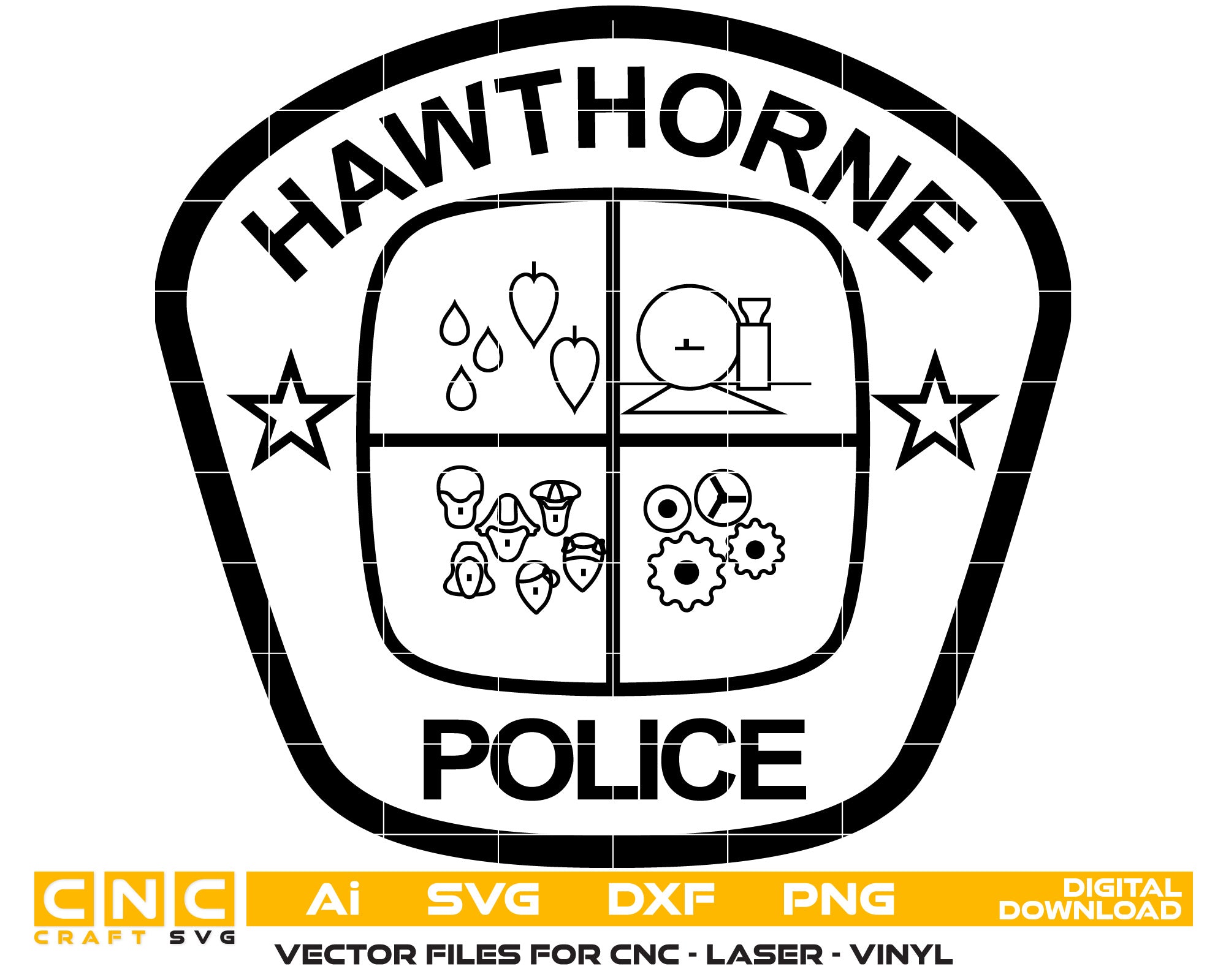 Hawthorne Police Badge Vector art Svg, Dxf, Jpg, Png, and Ai files For laser engraving, woodworking, acrylic painting, and all printing machines.