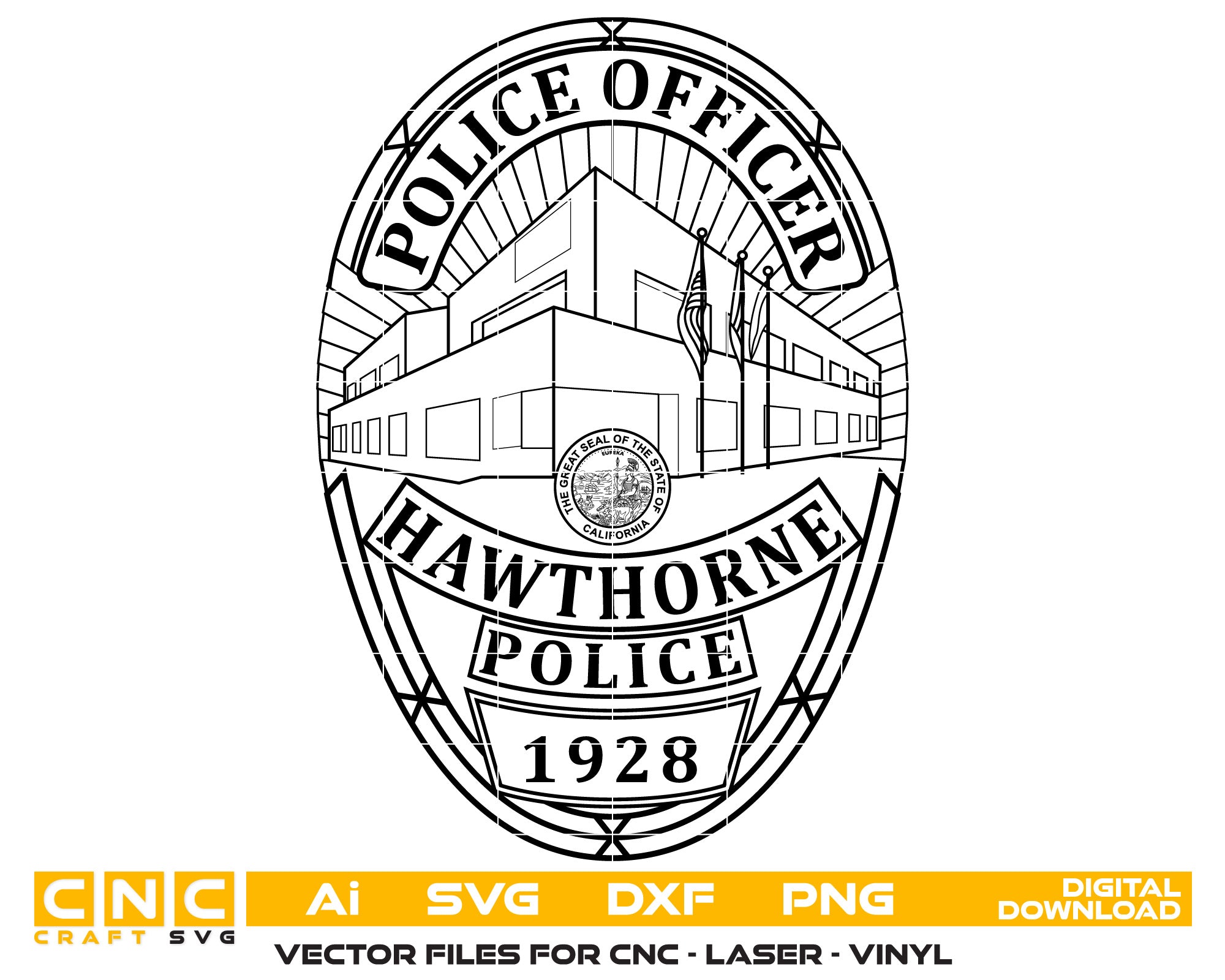 Hawthorne Police Officer Badge Vector art Svg, Dxf, Jpg, Png, and Ai files For laser engraving, woodworking, acrylic painting, and all printing machines.