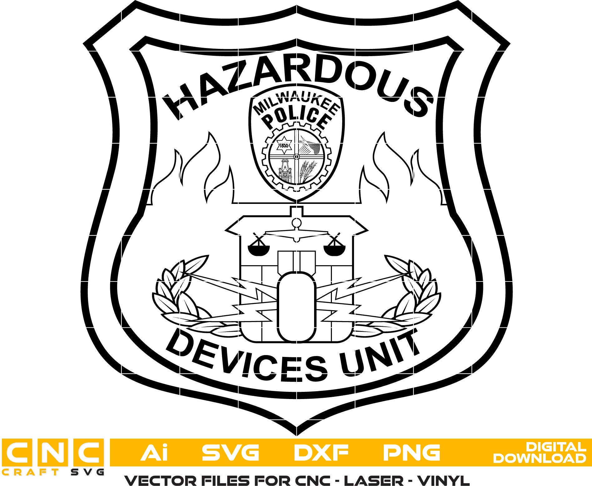 Hazardous Devices Unit, Milwaukee Police Badge Vector art Svg, Dxf, Jpg, Png and Ai files For laser engraving, woodworking, acrylic painting, and all printing machines.