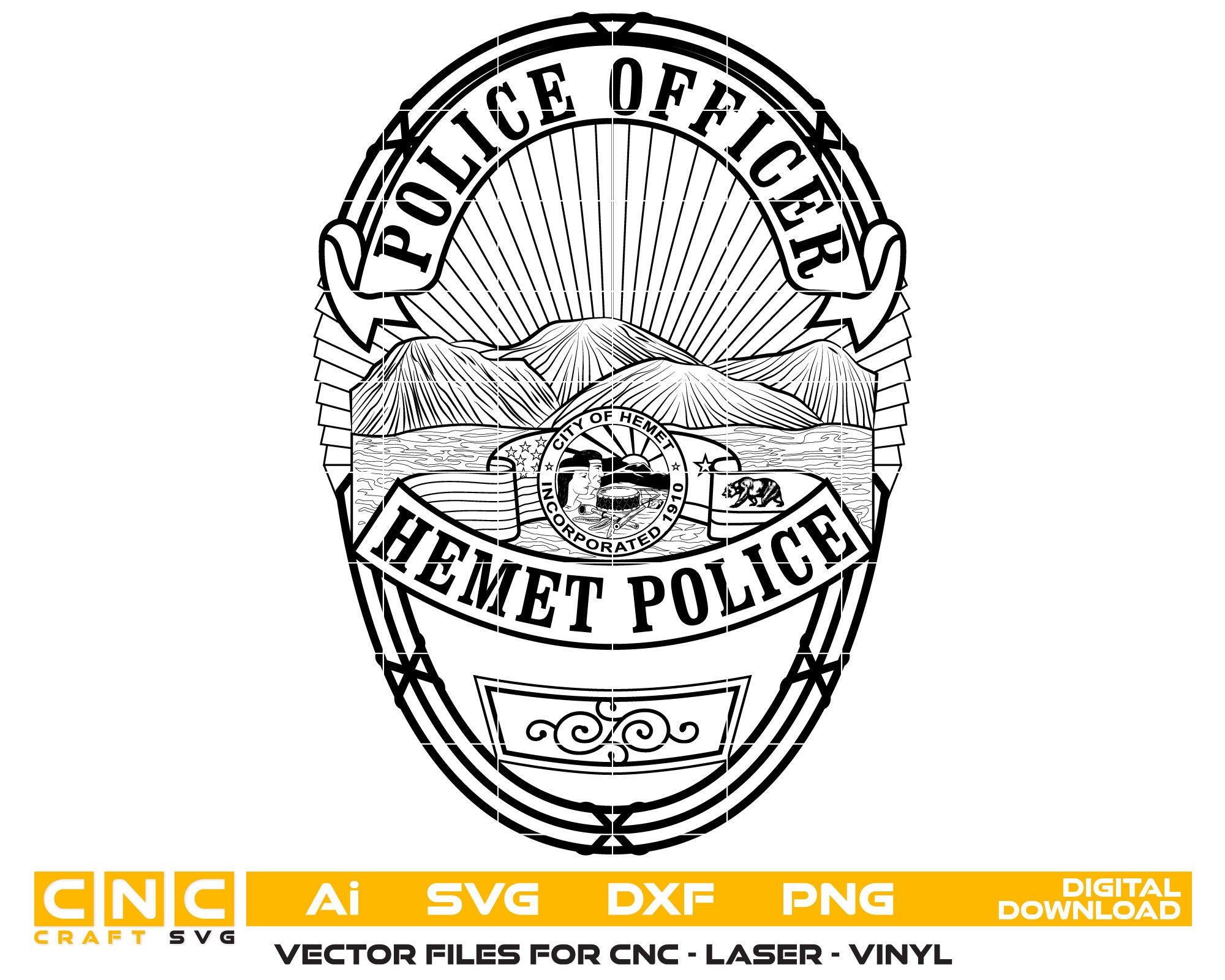 Hemet Police Officer Badge Vector art Svg, Dxf, Jpg, Png, and Ai files For laser engraving, woodworking, acrylic painting, and all printing machines.