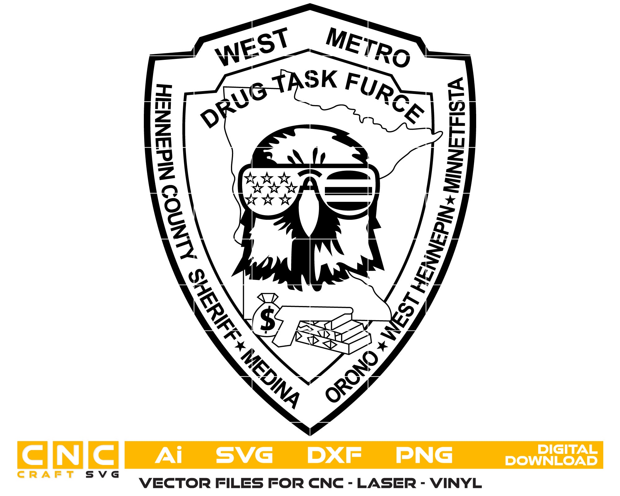 Hennepin County Sheriff Drug Task Furce Badge Vector art Svg, Dxf, Jpg, Png, and Ai files For laser engraving, woodworking, acrylic painting, and all printing machines.