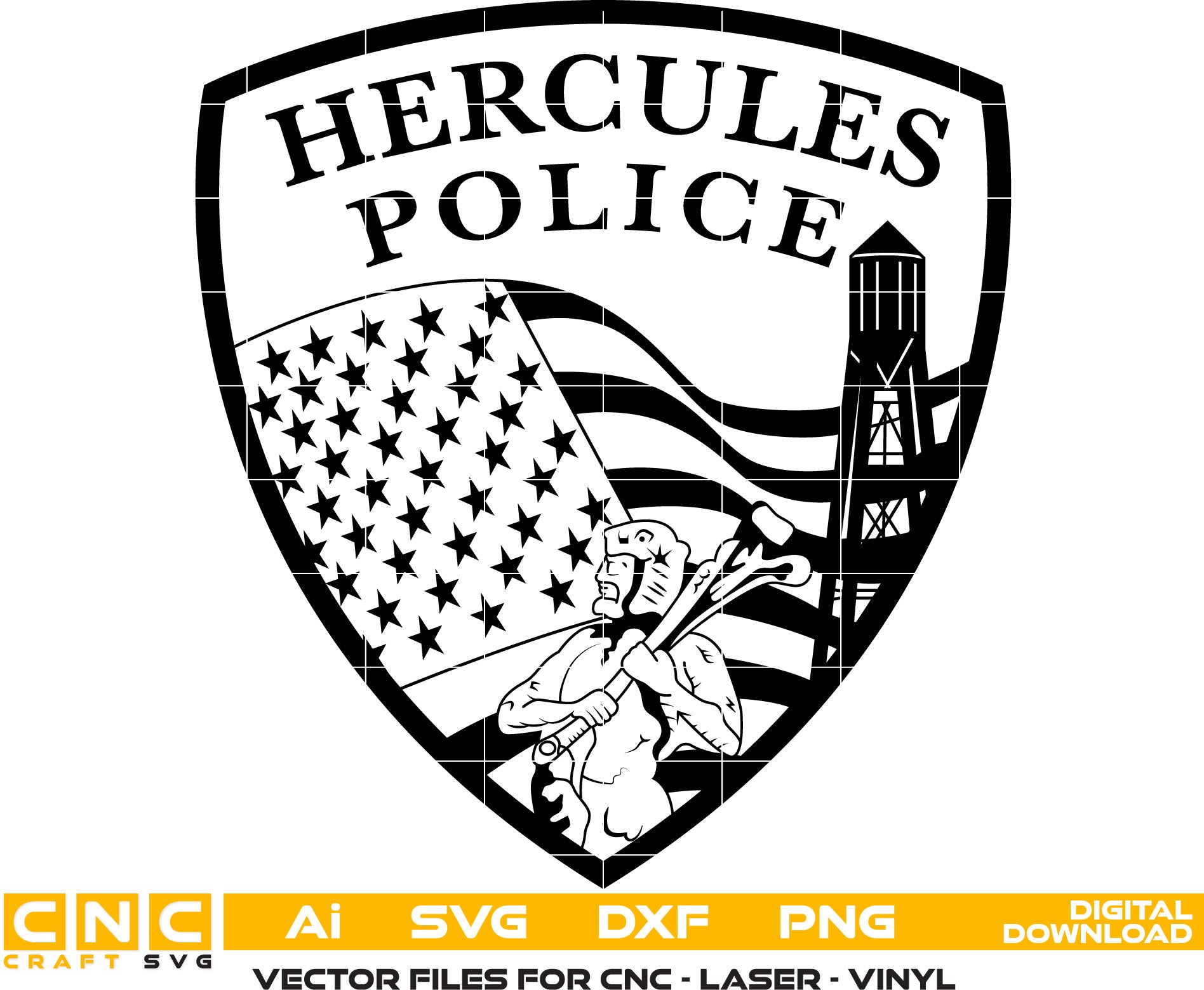 Hercules Police Badge Vector art Svg, Dxf, Jpg, Png and Ai files For laser engraving, woodworking, acrylic painting, and all printing machines.