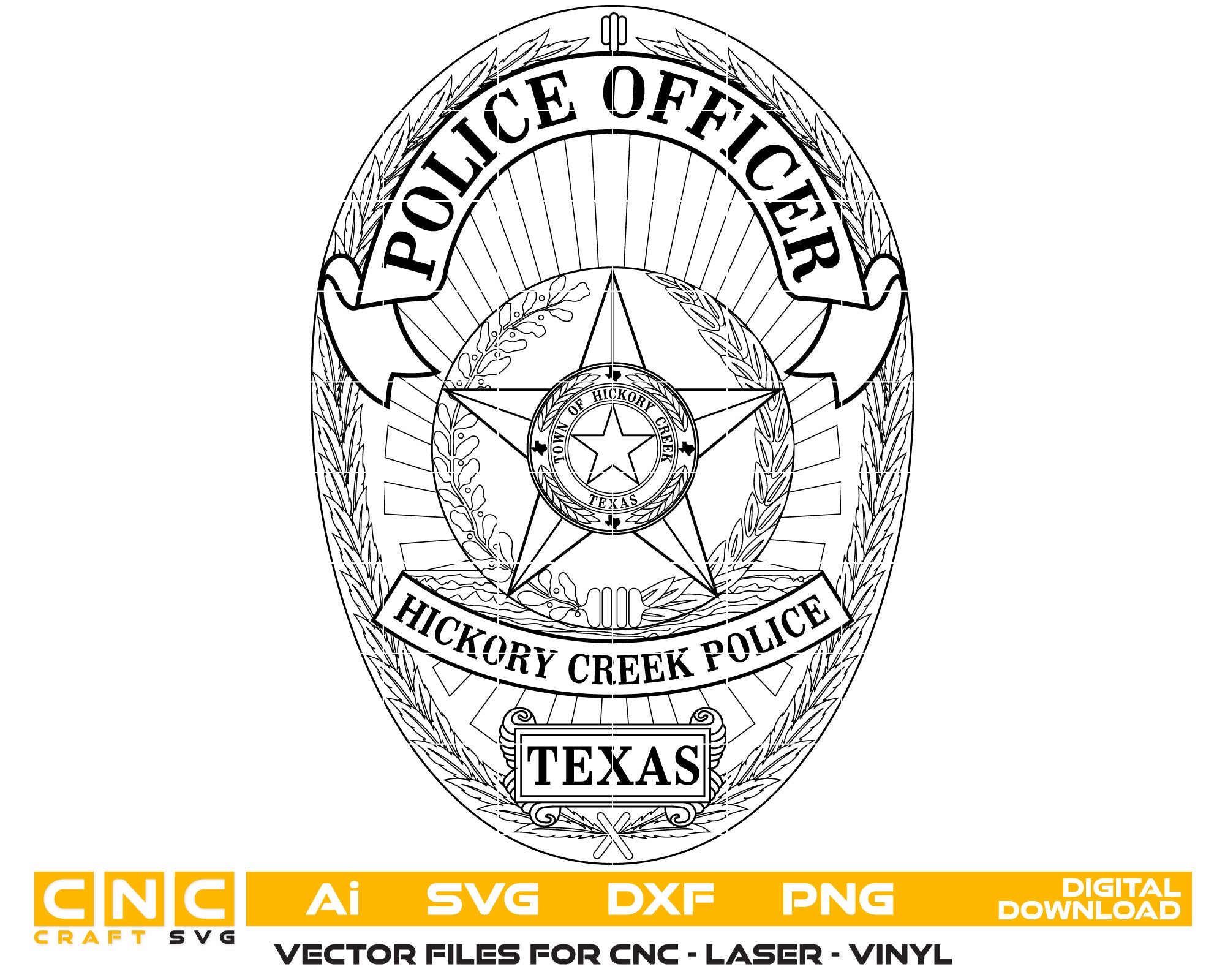 Hickory Creek Police Officer Badge Vector art Svg, Dxf, Jpg, Png, and Ai files For laser engraving, woodworking, acrylic painting, and all printing machines.