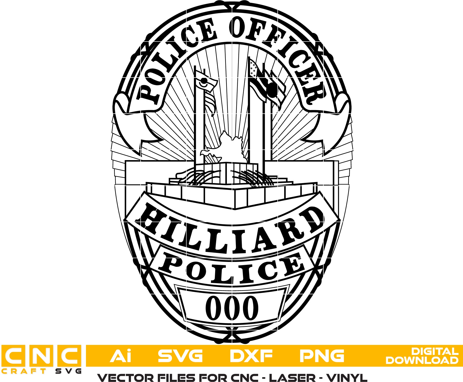 Hilliard Police Officer Badge Vector art Svg/ Dxf/ Jpg/ Png/ and Ai files For laser engraving/ woodworking/ acrylic painting and all printing machines.