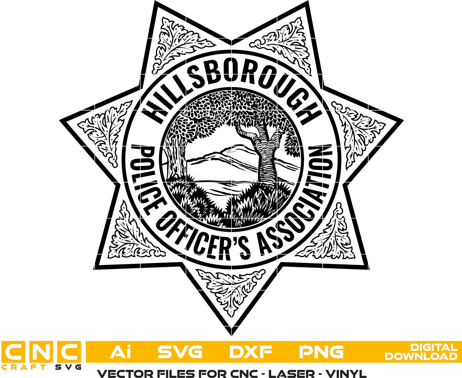 Hillsborough Police Officer Badge Vector art Svg, Dxf, Jpg, Png and Ai files For laser engraving, woodworking, acrylic painting, and all printing machines.