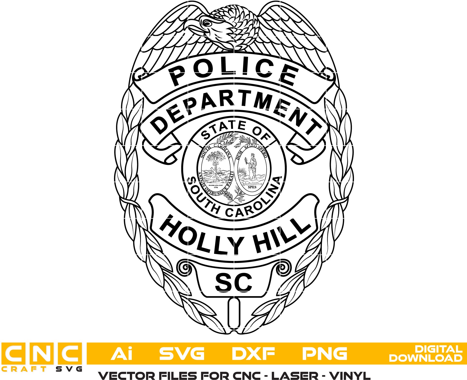Holly Hill South Carolina Police Badge Vector Art, Ai,SVG, DXF, PNG, Digital Files
