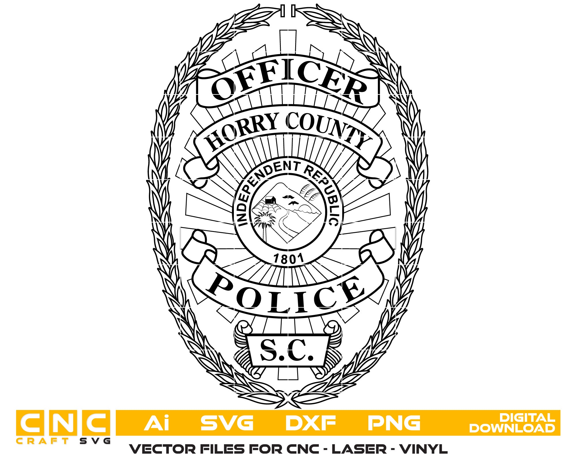 Horry County Police Officer Badge Vector art Svg, Dxf, Jpg, Png, and Ai files For laser engraving, woodworking, acrylic painting, and all printing machines.