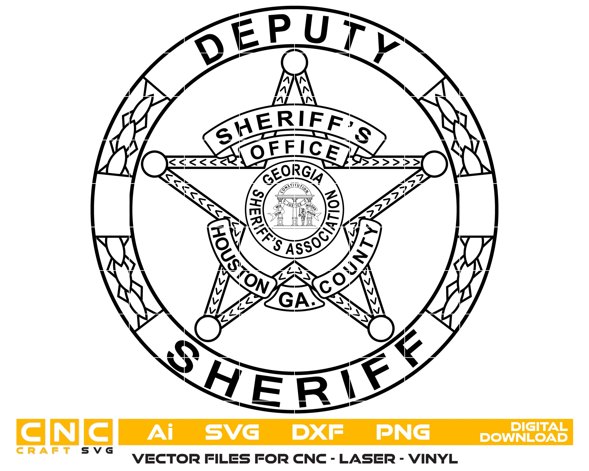 Houston County Deputy Sheriff Badge Vector art Svg, Dxf, Jpg, Png, and Ai files For laser engraving, woodworking, acrylic painting, and all printing machines.