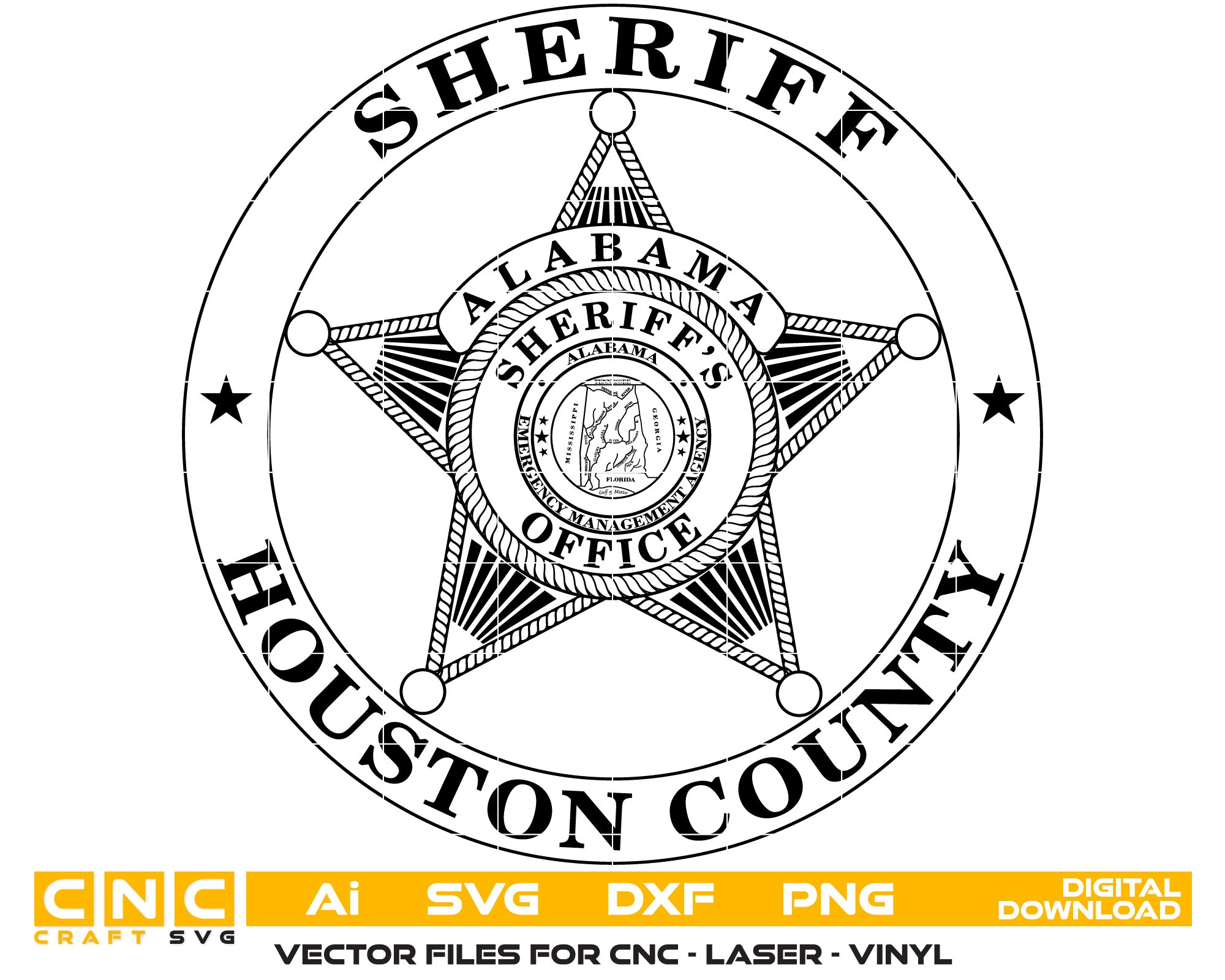 Houston County Sheriff Badge Vector art Svg, Dxf, Jpg, Png, and Ai files For laser engraving, woodworking, acrylic painting, and all printing machines.