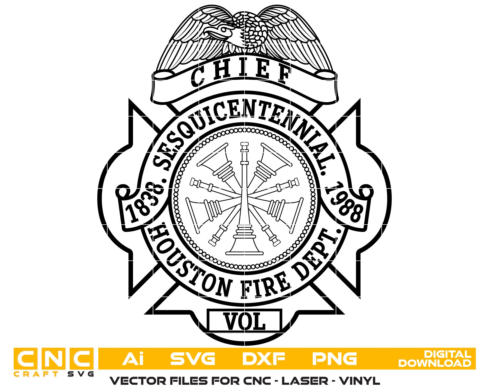 Houston Fire Dept Badge Vector art Svg, Dxf, Jpg, Png, and Ai files For laser engraving, woodworking, acrylic painting, and all printing machines.