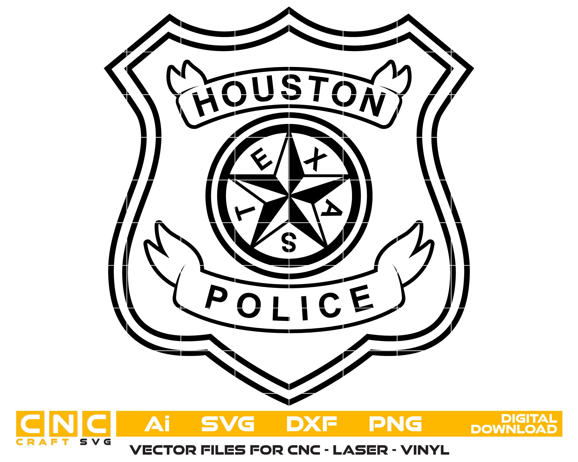 Houston Police Badge Vector art Svg, Dxf, Jpg, Png, and Ai files For laser engraving, woodworking, acrylic painting, and all printing machines.