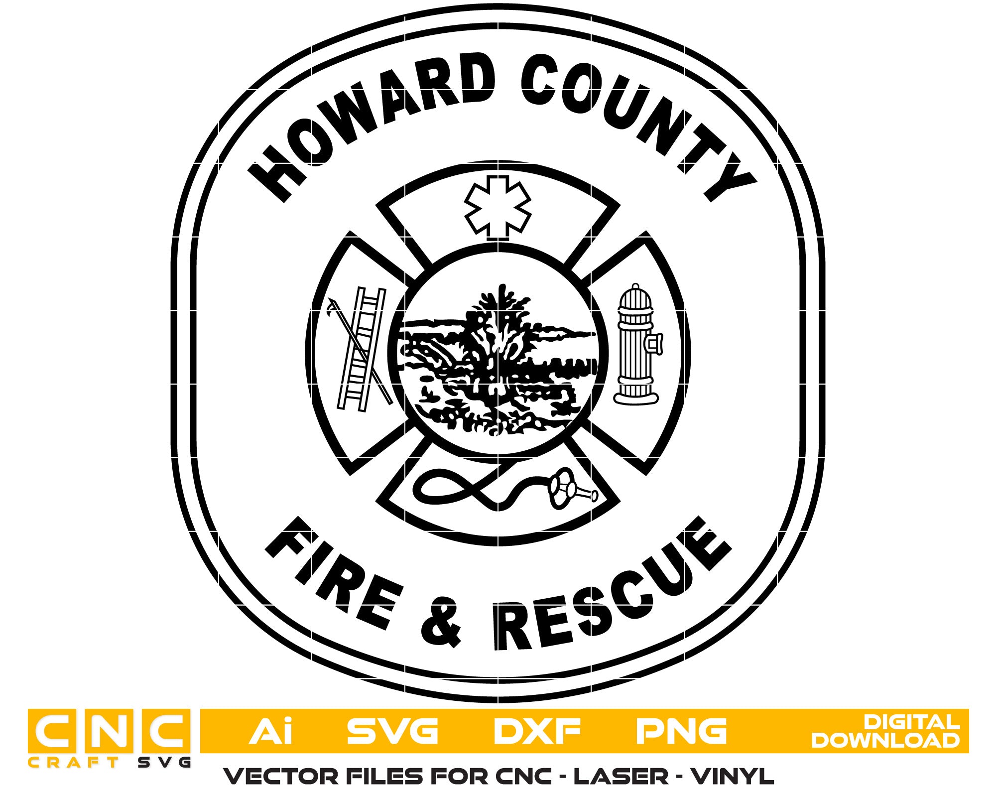 Howard County Fire Badge Vector art Svg, Dxf, Jpg, Png, and Ai files For laser engraving, woodworking, acrylic painting, and all printing machines.