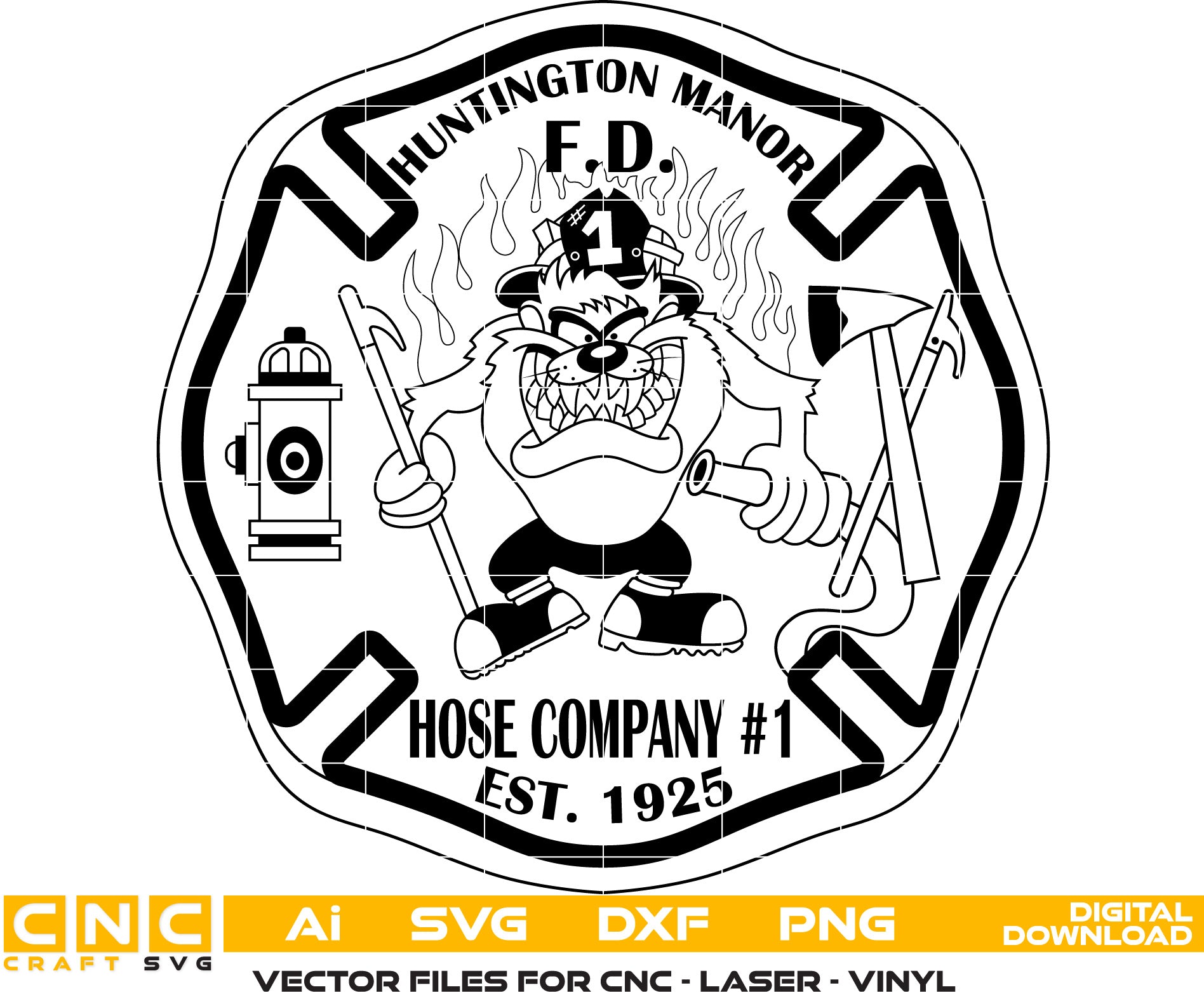 Huntington Manor Hose Company, Fire Dept Badge Vector art Svg, Dxf, Jpg, Png and Ai files For laser engraving, woodworking, acrylic painting, and all printing machines.