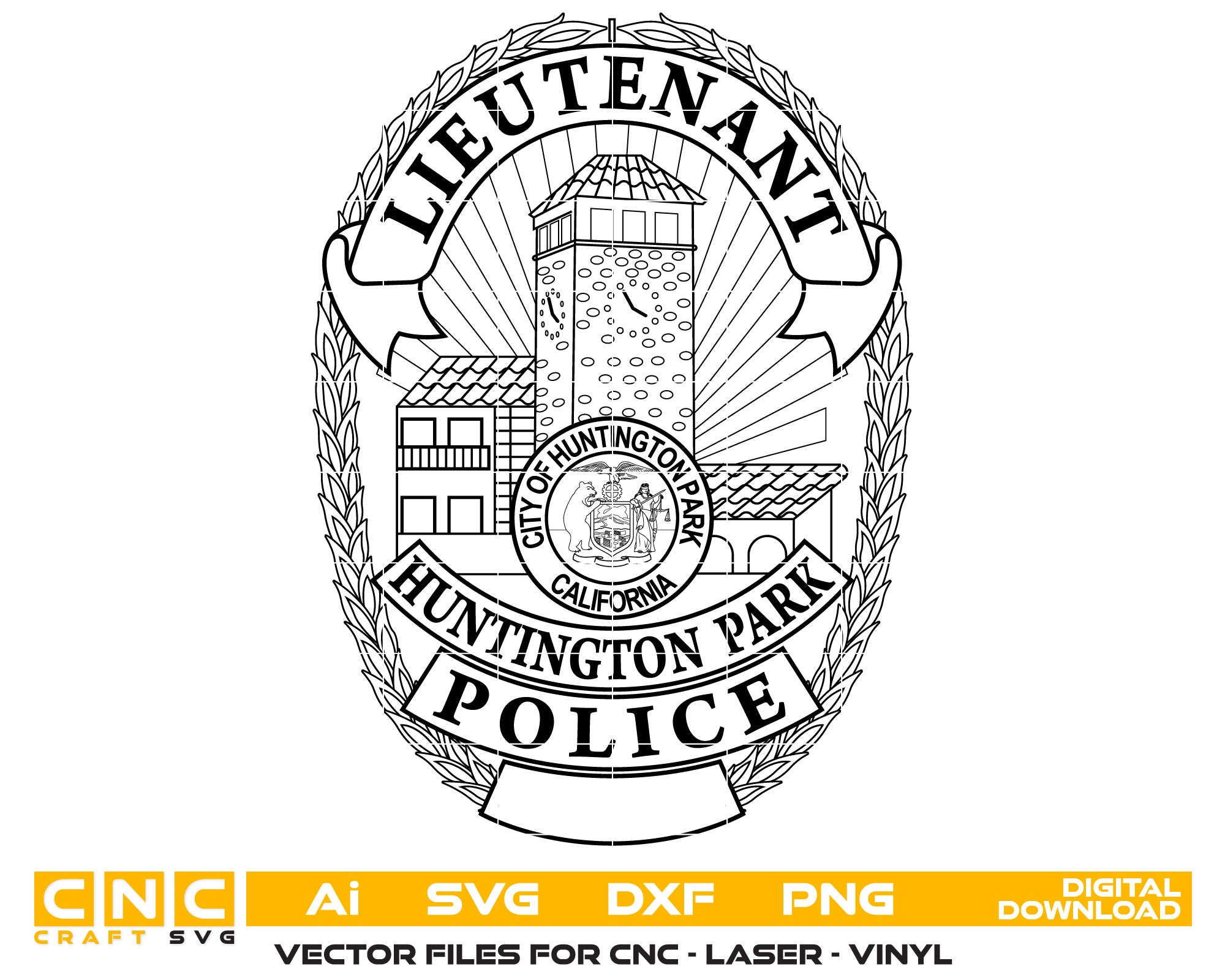 Huntington Park Police Lieutenant Badge Vector art Svg, Dxf, Jpg, Png, and Ai files For laser engraving, woodworking, acrylic painting, and all printing machines.