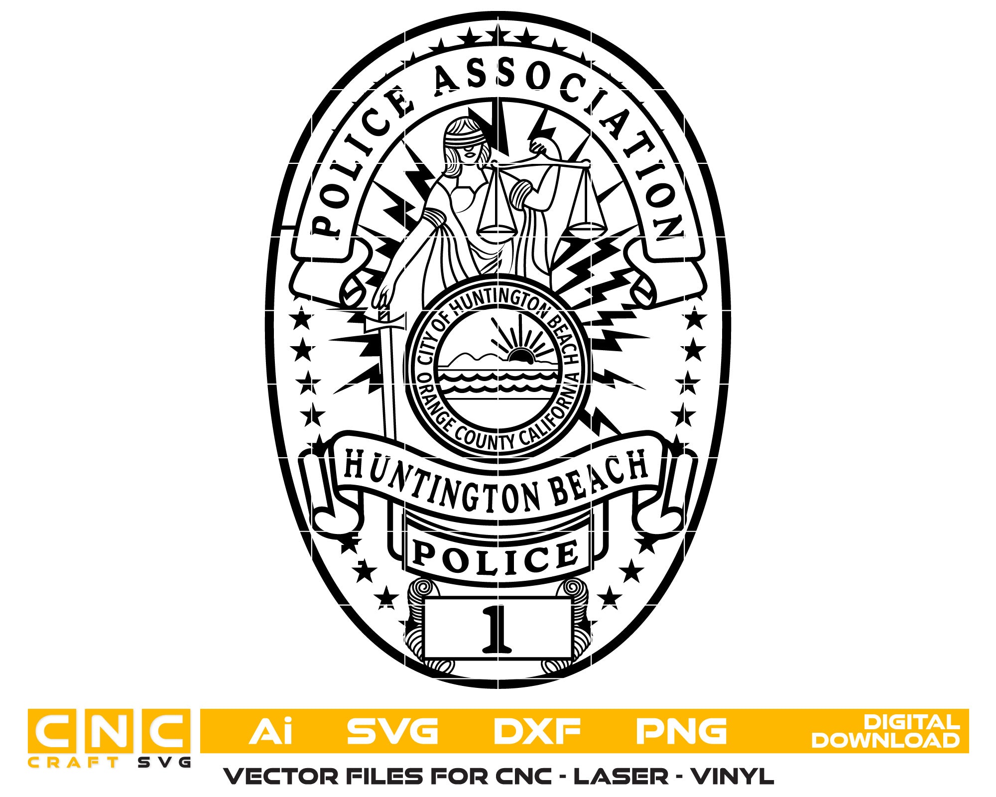 Huntington Beach Police Association Badge SVG, Huntington Beach Police Association Badge Vector, Police Association Badge SVG, Law Enforcement Association Emblem, Police Shield Vector, Badge Engraving File