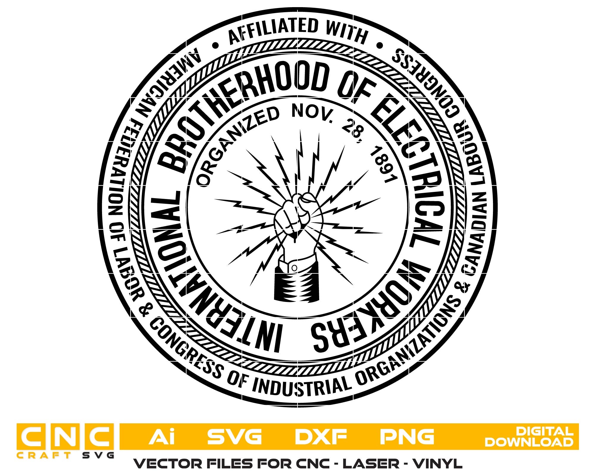 IBEW Logo SVG, International Brotherhood of Electrical Workers Vector, Union Logo SVG, Electrical Workers Emblem, Labor Union Logo Vector, Engraving Logo File