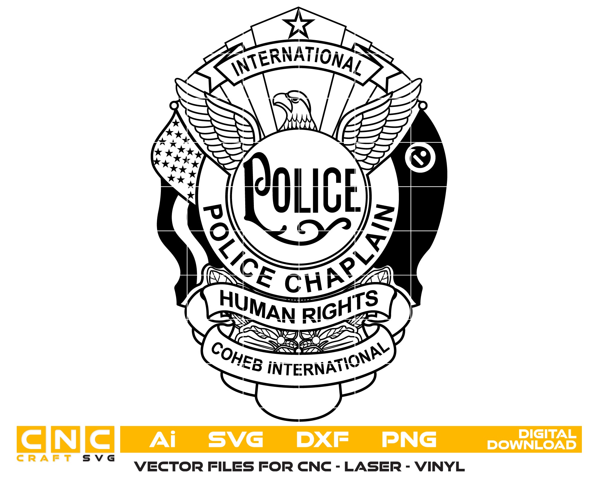 International Police Chaplain Human Rights Agency Badge SVG digital download, law enforcement emblem vector design for Cricut, Silhouette, CNC, engraving, and chaplain crafts.