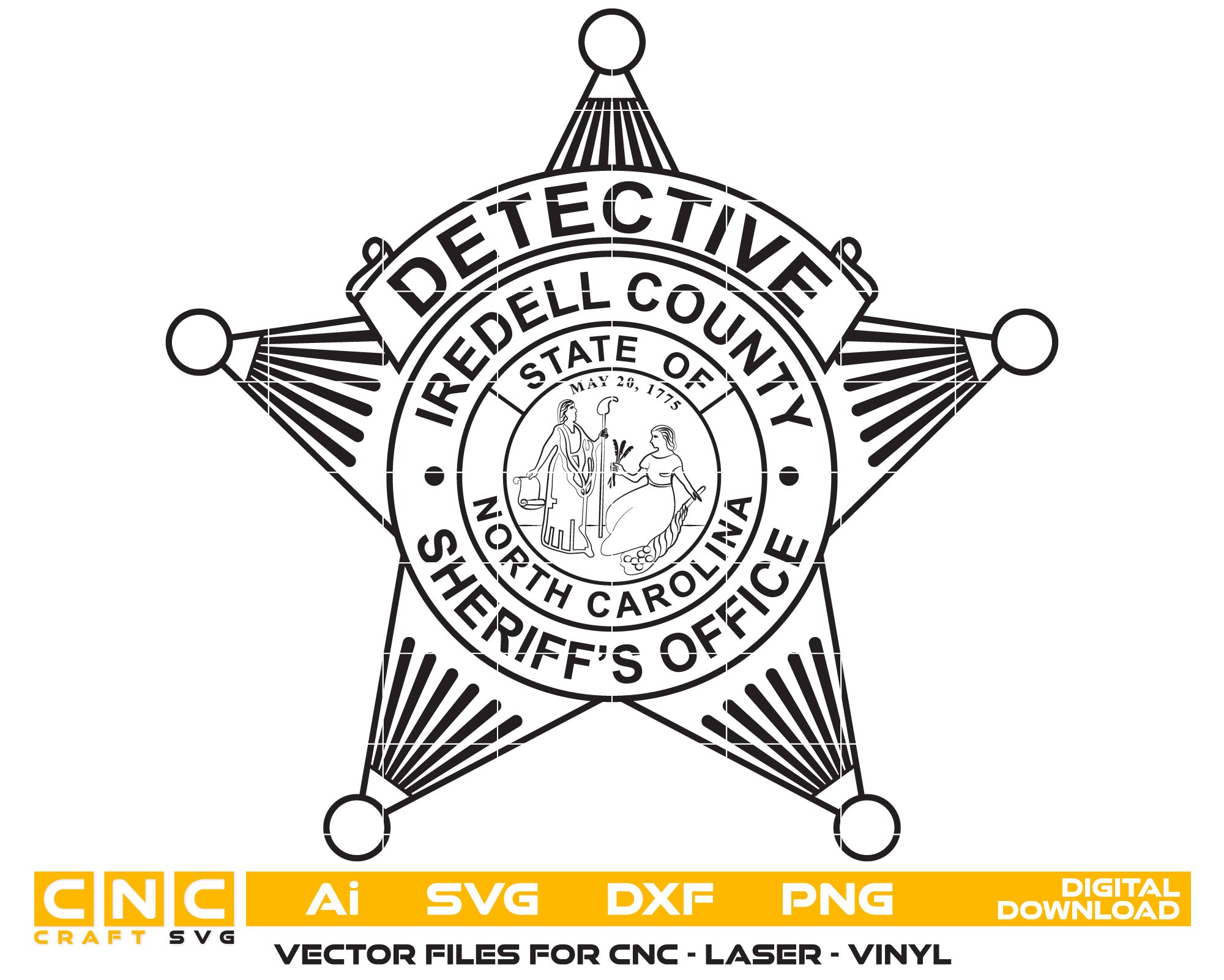 Iredell County Detective Sheriff Badge Vector art Svg, Dxf, Jpg, Png, and Ai files For laser engraving, woodworking, acrylic painting, and all printing machines.