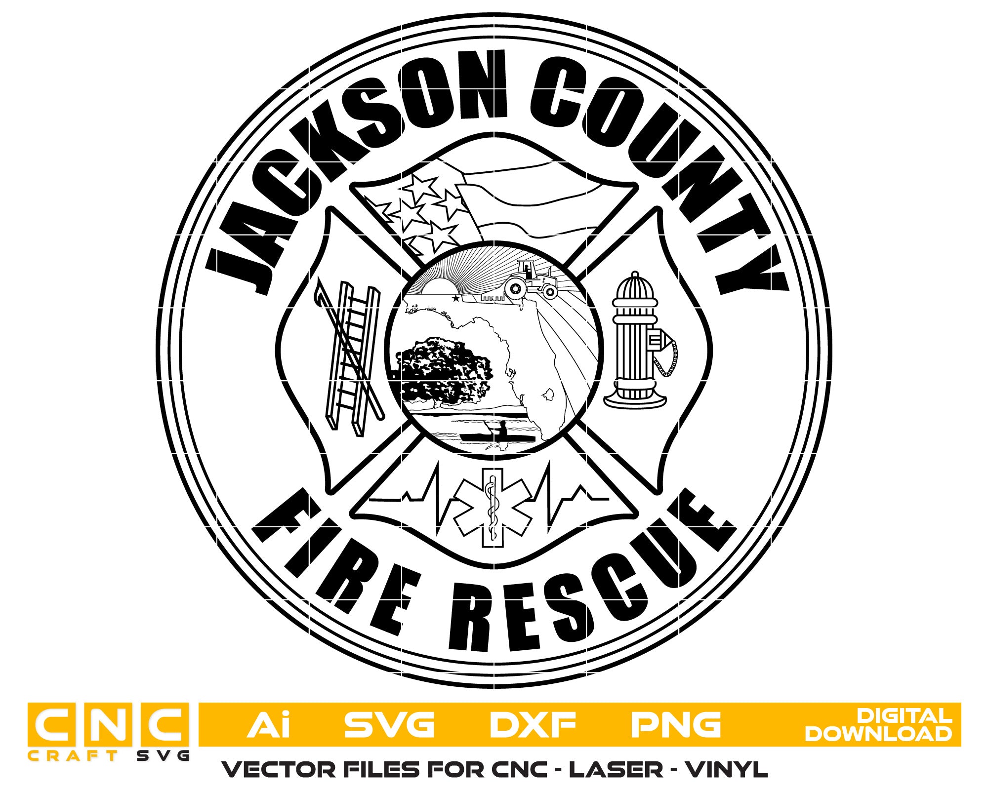 Jackson County Fire Rescue Badge Vector art Svg, Dxf, Jpg, Png, and Ai files For laser engraving, woodworking, acrylic painting, and all printing machines.