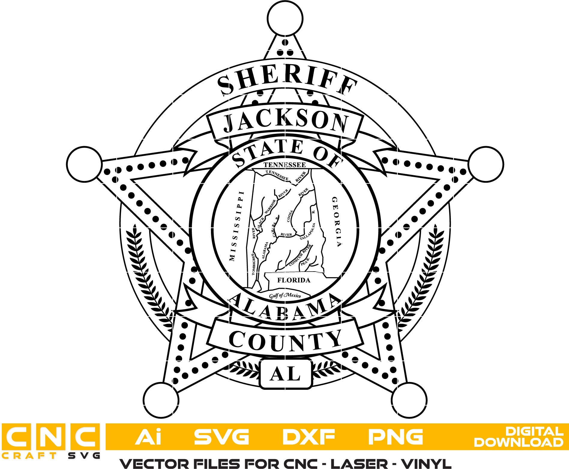 Jackson County Sheriff, Alabama Sheriff Badge Vector art Svg, Dxf, Jpg, Png and Ai files For laser engraving, woodworking, acrylic painting, and all printing machines.