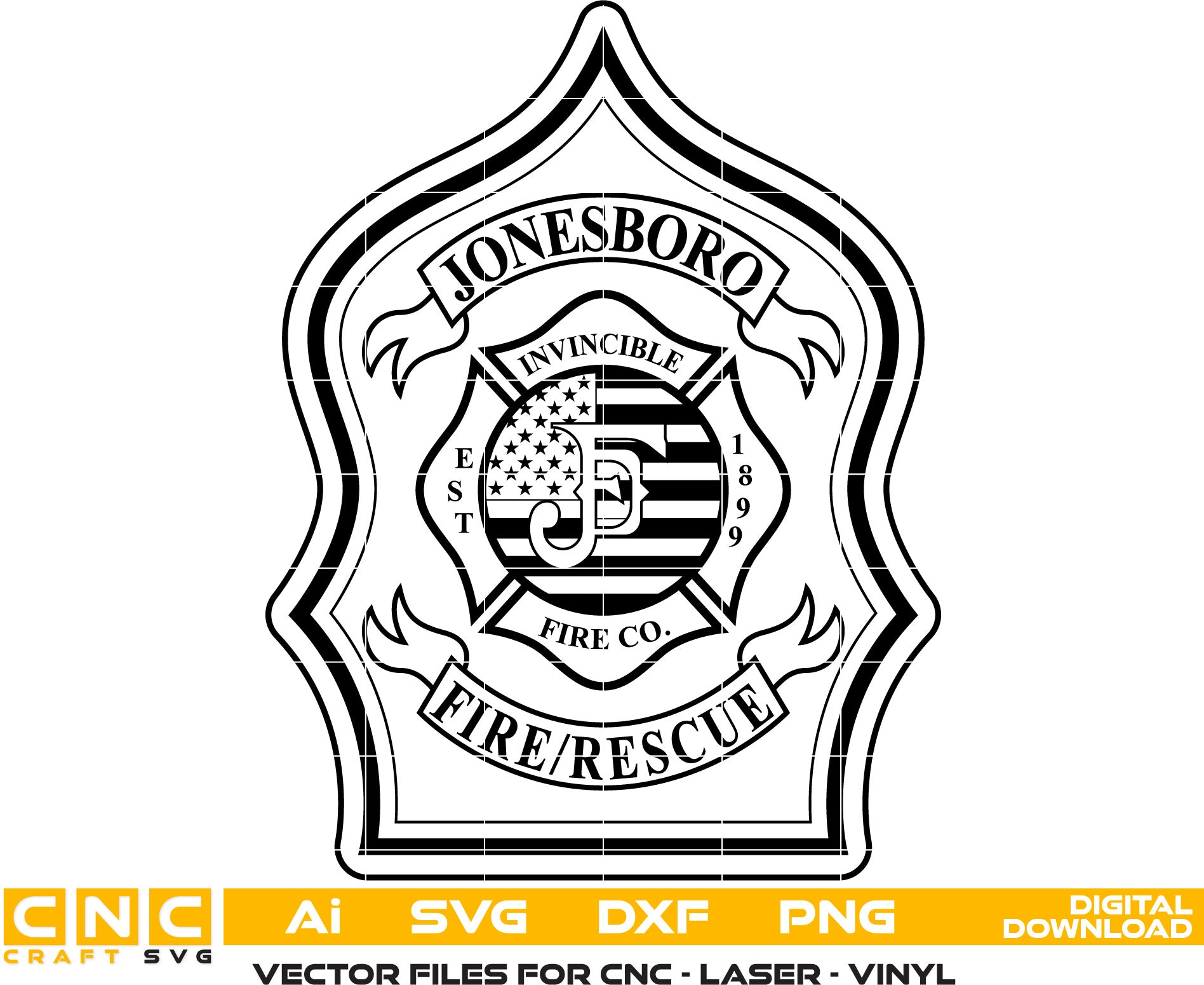 Jonesboro Fire Rescue Badge Vector art Svg, Dxf, Jpg, Png and Ai files For laser engraving, woodworking, acrylic painting, and all printing machines.