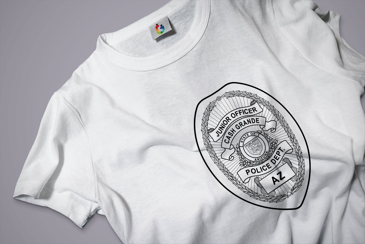 White t-shirt with a police badge design 
t-shirt printing design
t-shirt mockup police badge